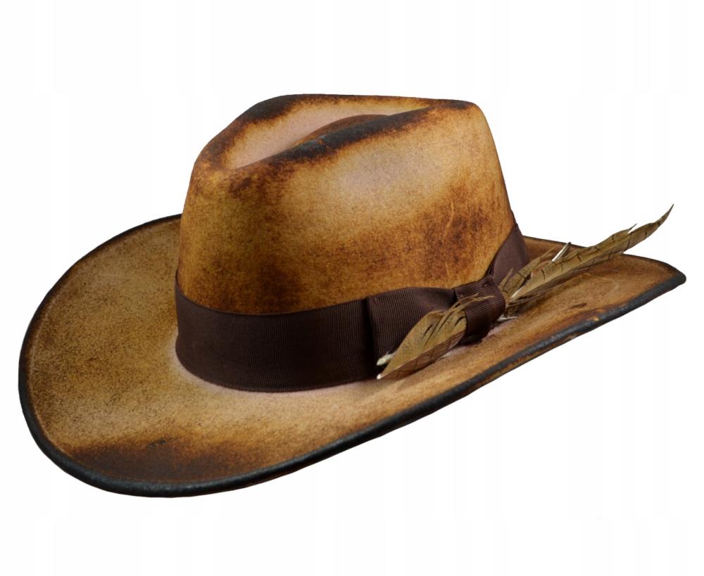 Kovbojský vlněný klobouk Apacz Pražený Béžový s perem Witleather Skoczów