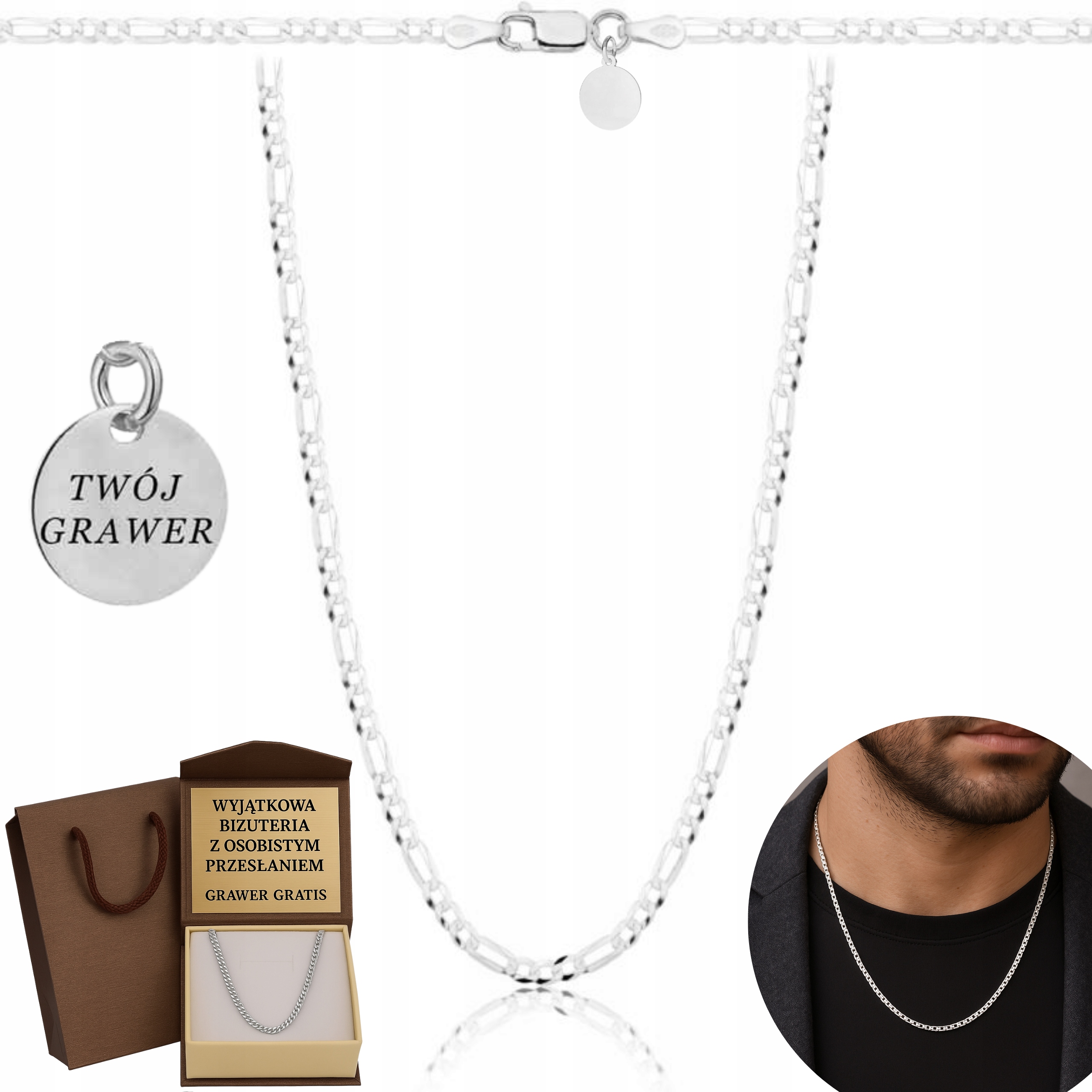 Stříbrný Řetízek Figaro Ryzost 925 Pánský Dámský 2,3 MM Gravírování Dárek