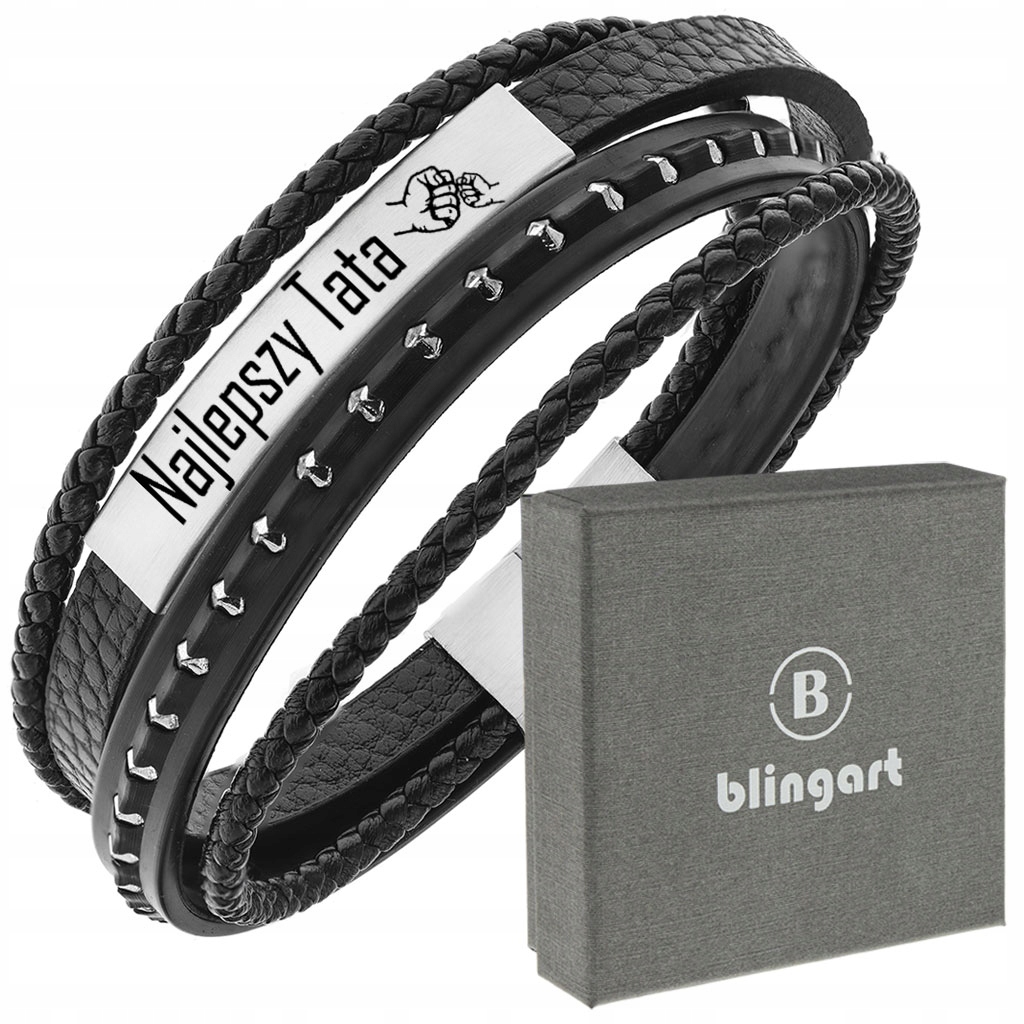 

Bransoletka z grawerem męska skórzana ćwieki stal