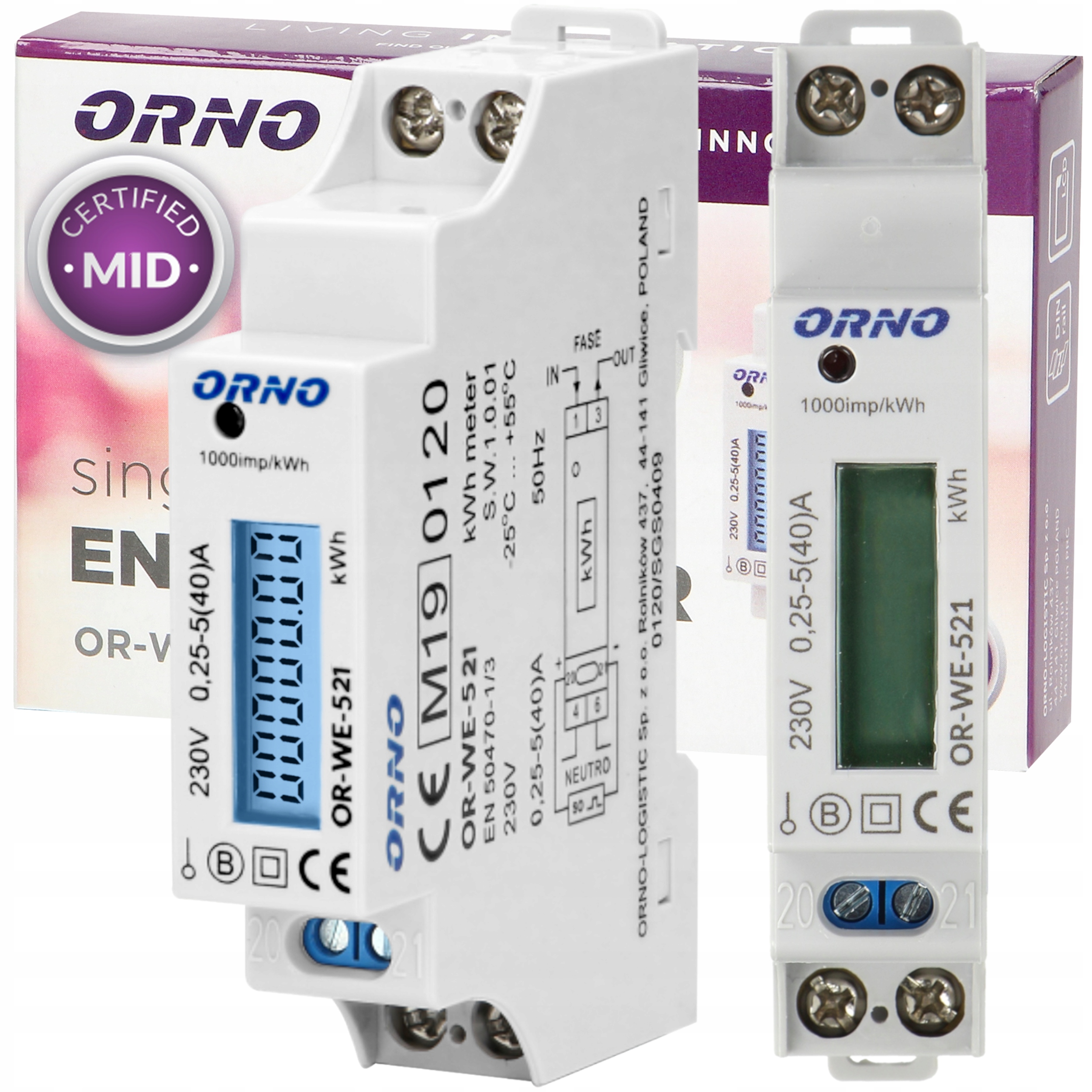 

Licznik energii 1 fazowy z MID Orno OR-WE-521 40A