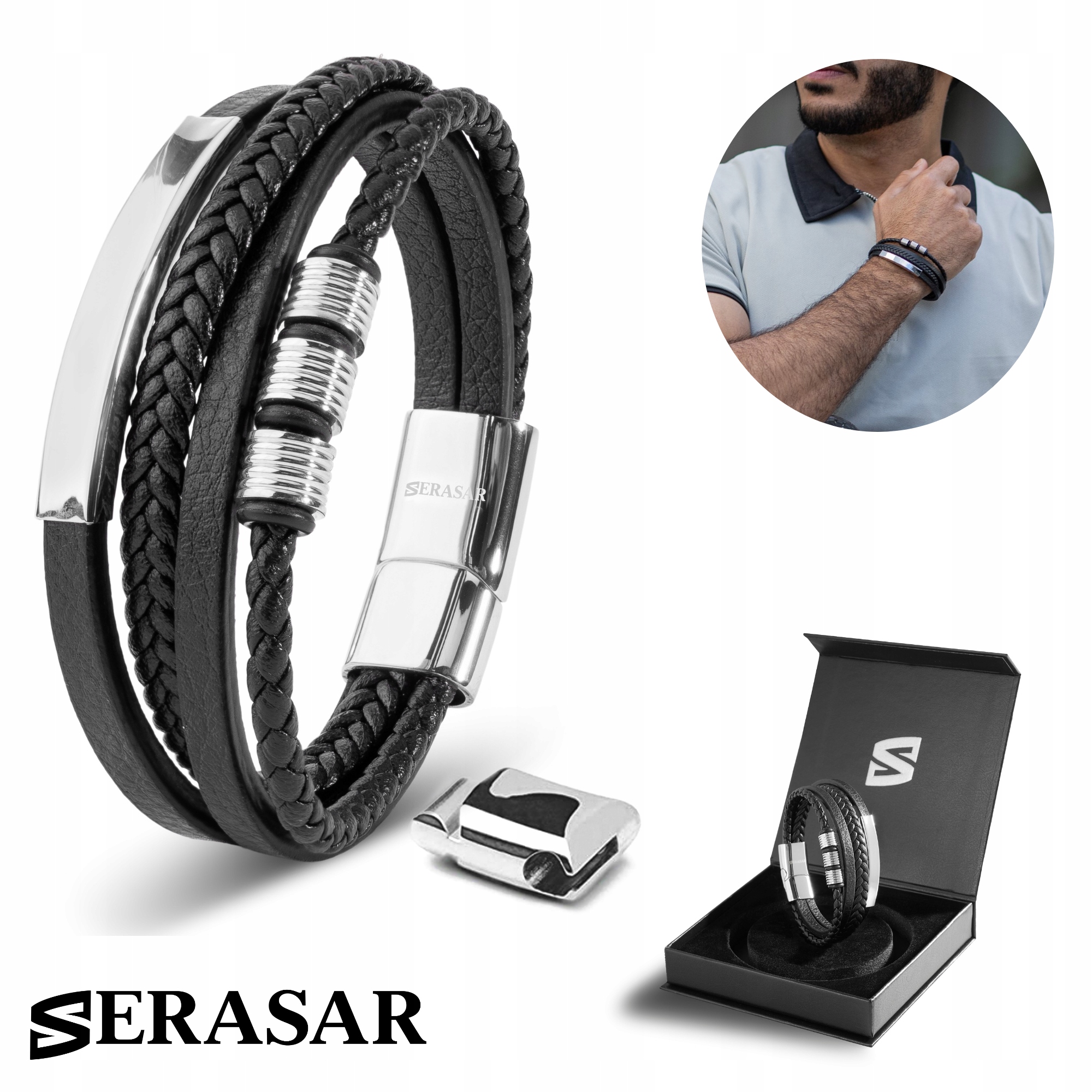 Serasar, Kožený náramek pro muže [Brave] Stříbro, 17 cm