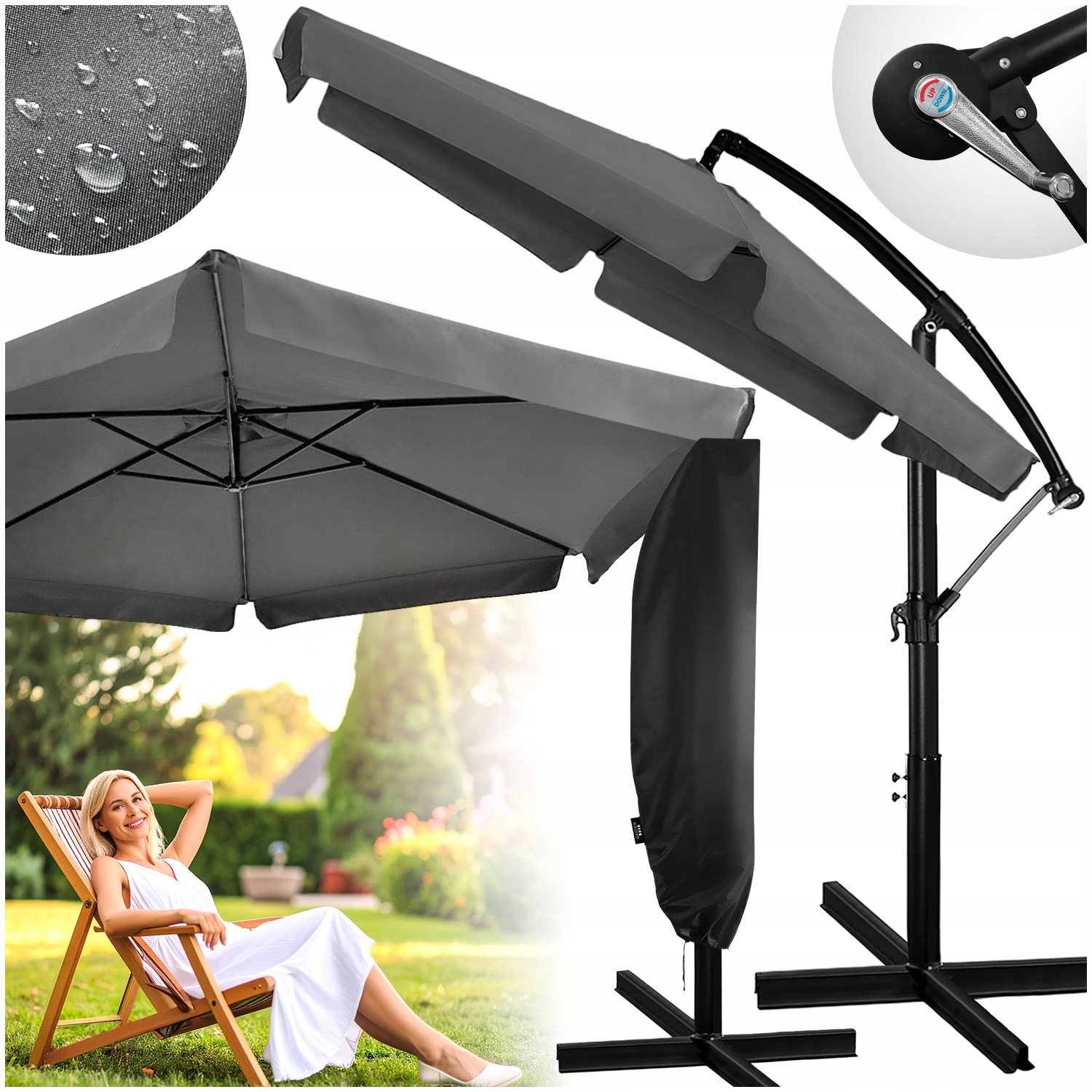 Parasol Ogrodowy 400cm Duży Składany Z Falbaną Wysięgnikiem Obrotowy 360°