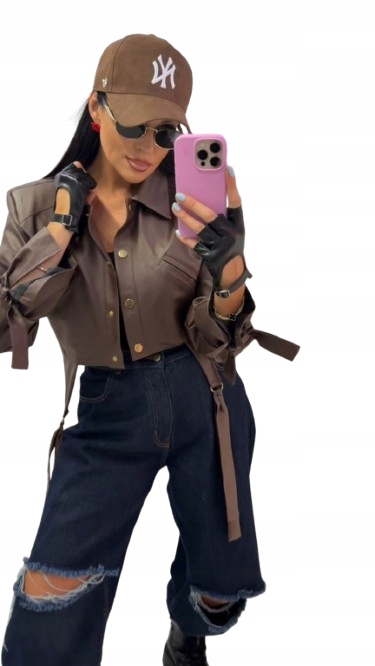 Krátká kožená bunda Ella La Milla Hnědá