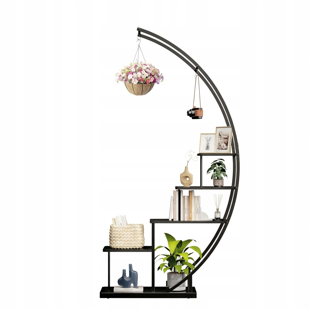 Moderný Regál Na Rastliny Loft Polmesiac Kov Drevo 172 CM Čierny