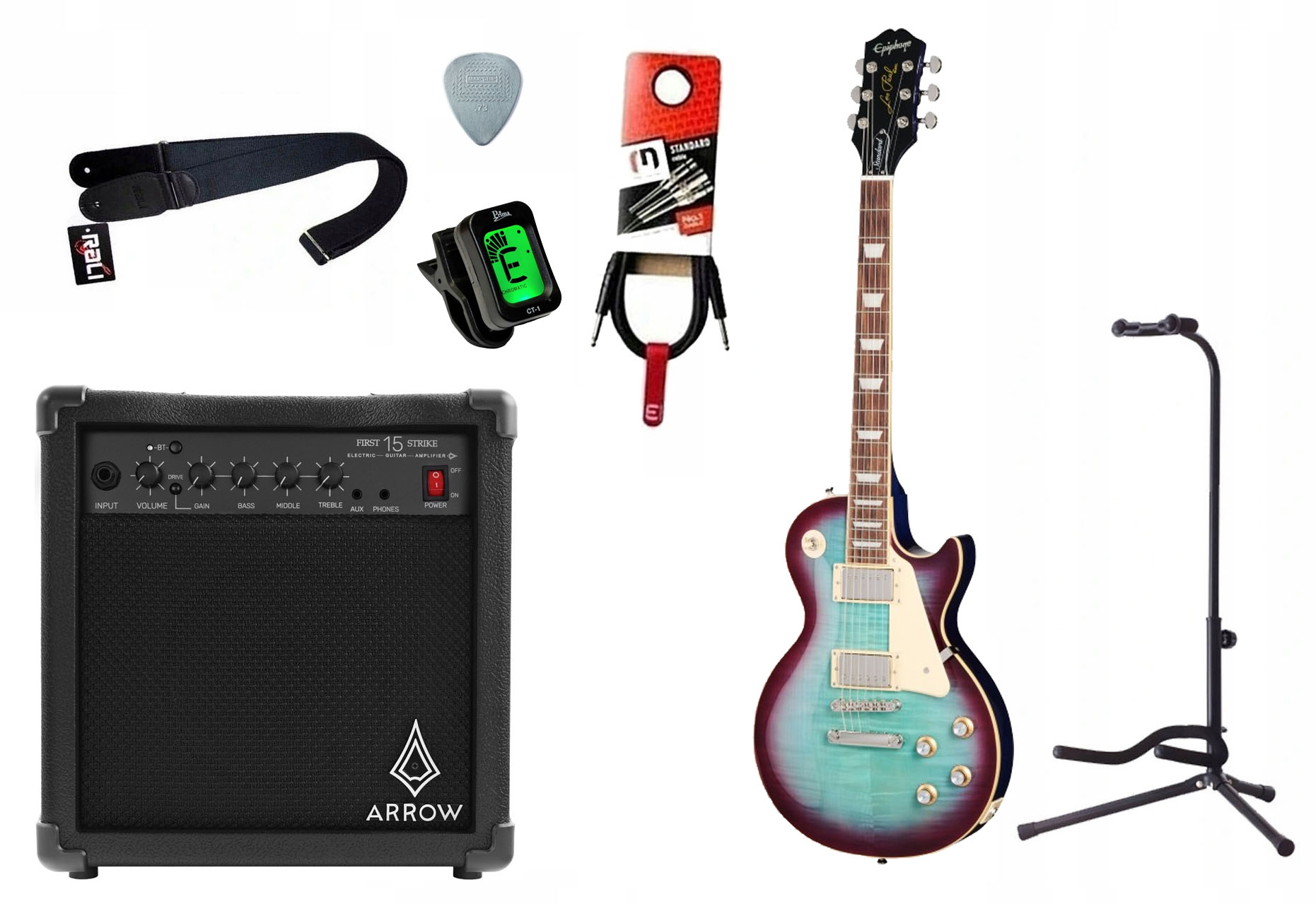 Elektrická kytara Epiphone LesPaul Stnd 60s Bb zesilovač 15W kabelová sada