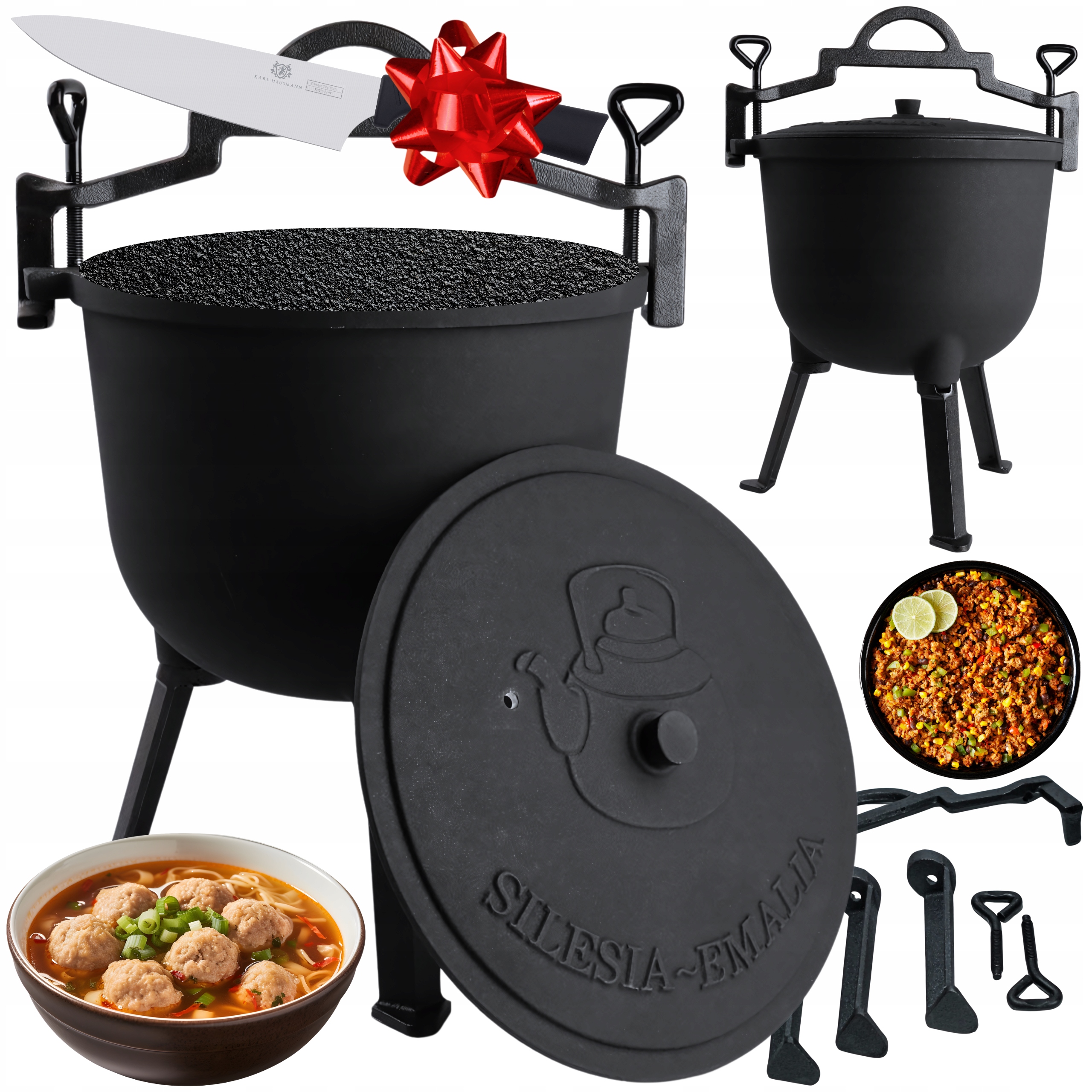 KOCIOŁEK ŻELIWNY MYŚLIWSKI 8L OGNISKO KOCIOŁEK WĘGIERSKI +NÓŻ SZEFA KUCHNI