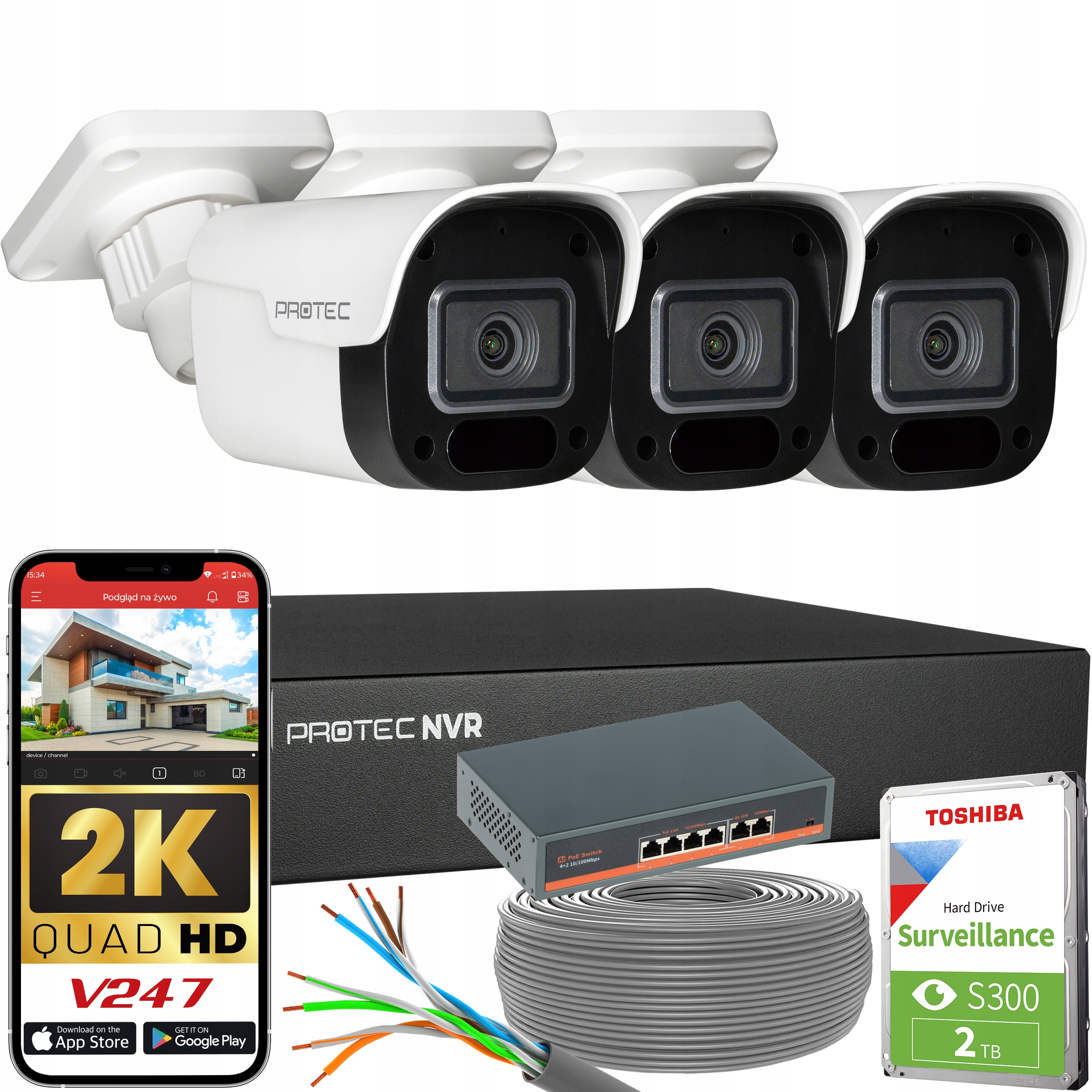 Zestaw Do Monitoringu 3 Kamery Ip 4Mpx Switch PoE Detekcja Mikrofon Hdd 2TB