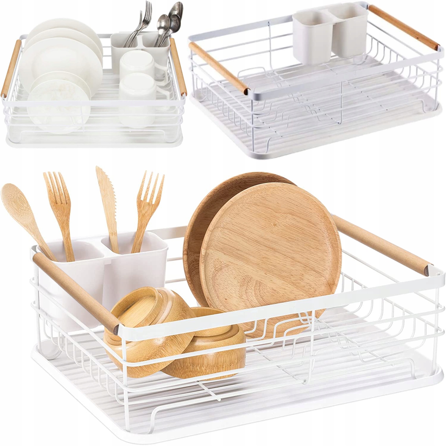 SUSZARKA DO NACZYŃ BIAŁA STOJĄCA OCIEKACZ Z TACKĄ DREWNIANE RĄCZKI