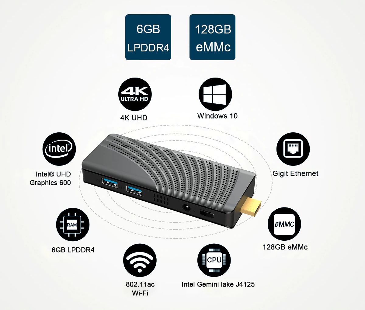 Mini PC T6 PRO 6/128GB Win10 Dual HDMI Stick RJ45 Wielkość pamięci RAM 6 GB