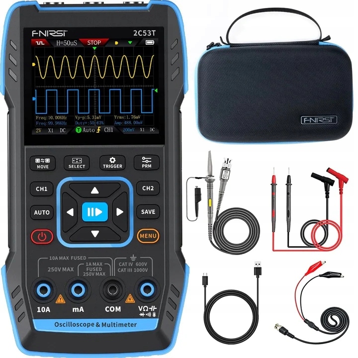 Fnirsi 2C53T osciloskop 50 MHz, multimetr 19999, generátor Dds, 13 funkcí