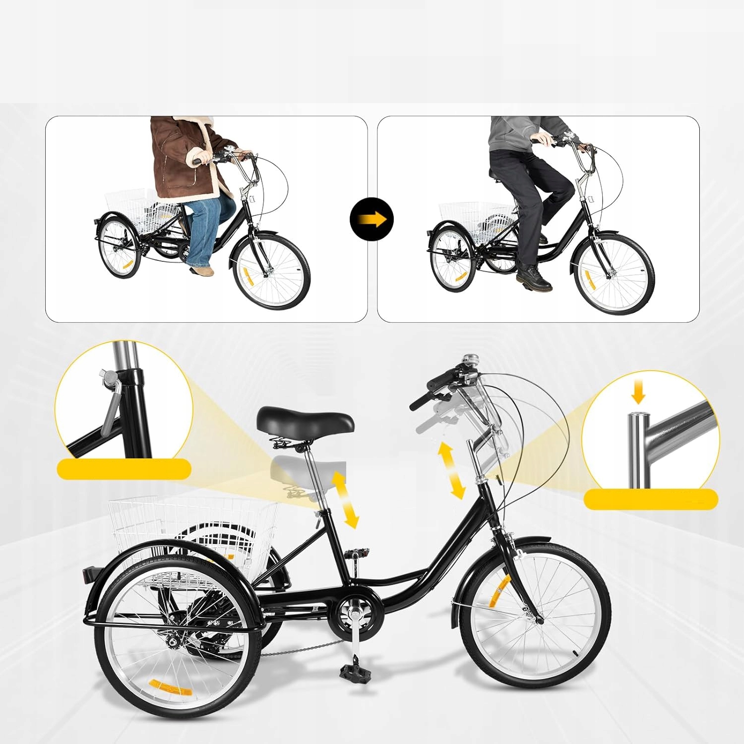 ROWER TRÓJKOŁOWY DLA DOROSŁYCH 20 CALI 8 BIEGÓW CZARNY Materiał ramy stal