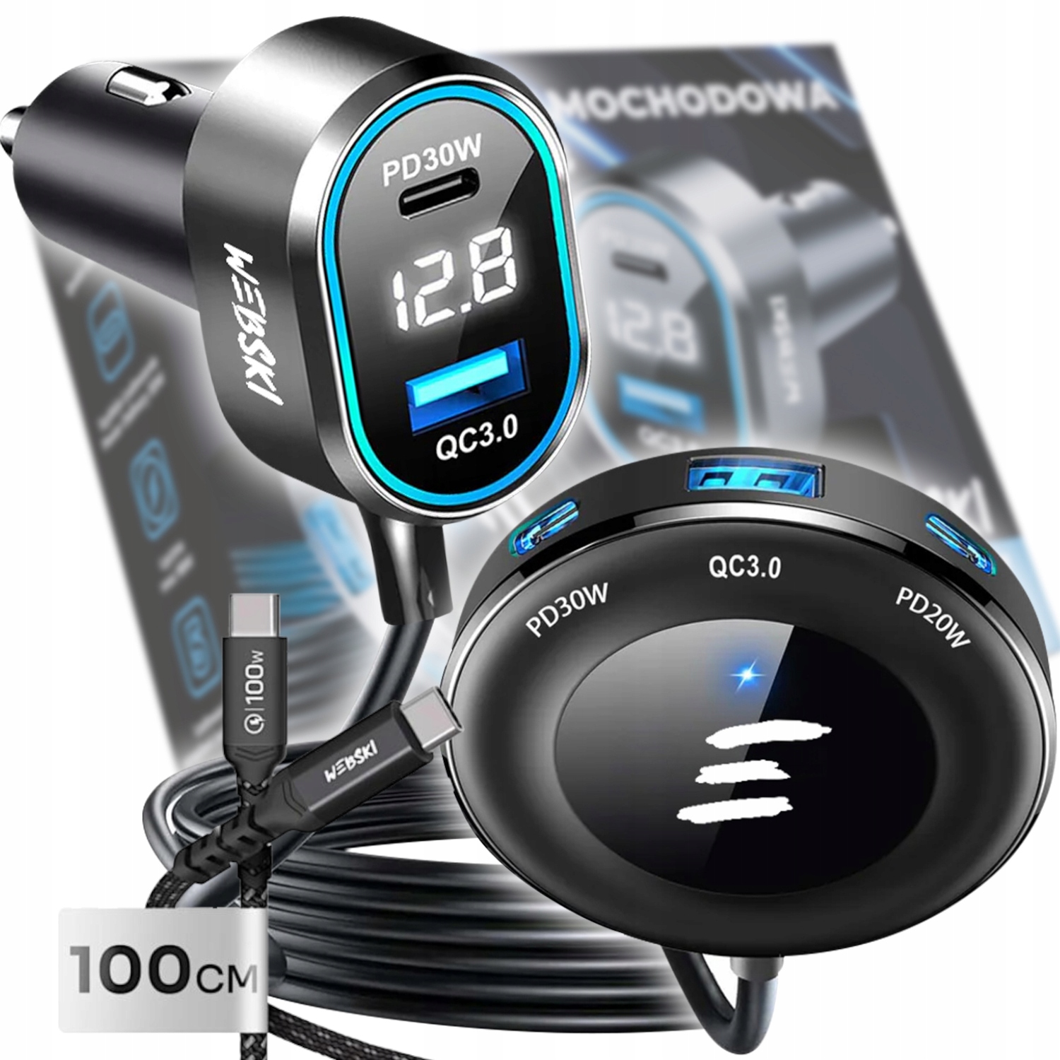 Automobilová S Prodlužovacím Kabelem 98W 2xUSB 3xUSB-C LCD Kabel 100CM