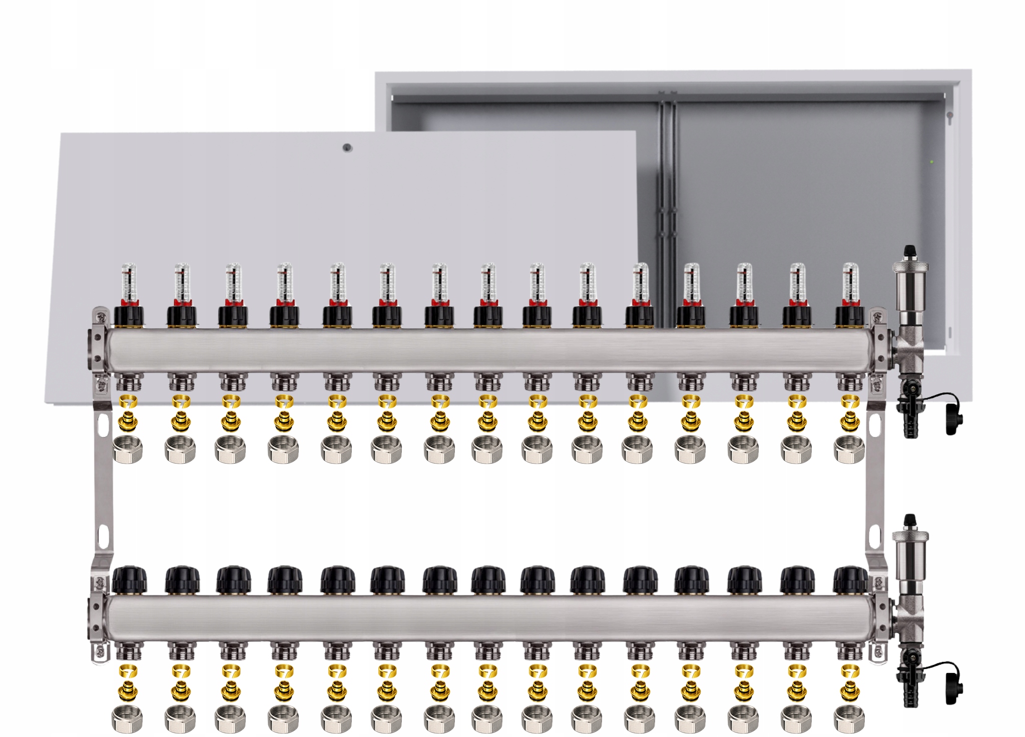 Nerezový rozdělovač pro podlahovku 15 okruhů s nástěnným boxem Pex