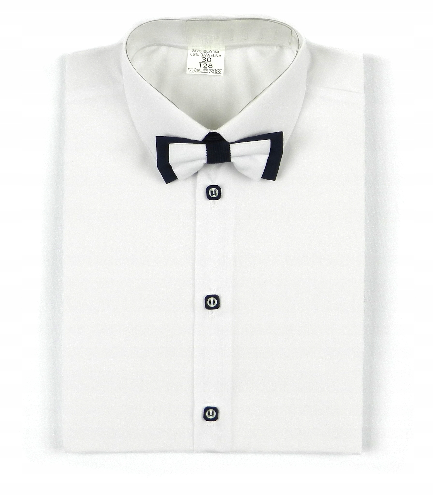 KOSZULA CHŁOPIĘCA BIAŁA DŁUGI RĘKAW Z MUCHĄ R.116