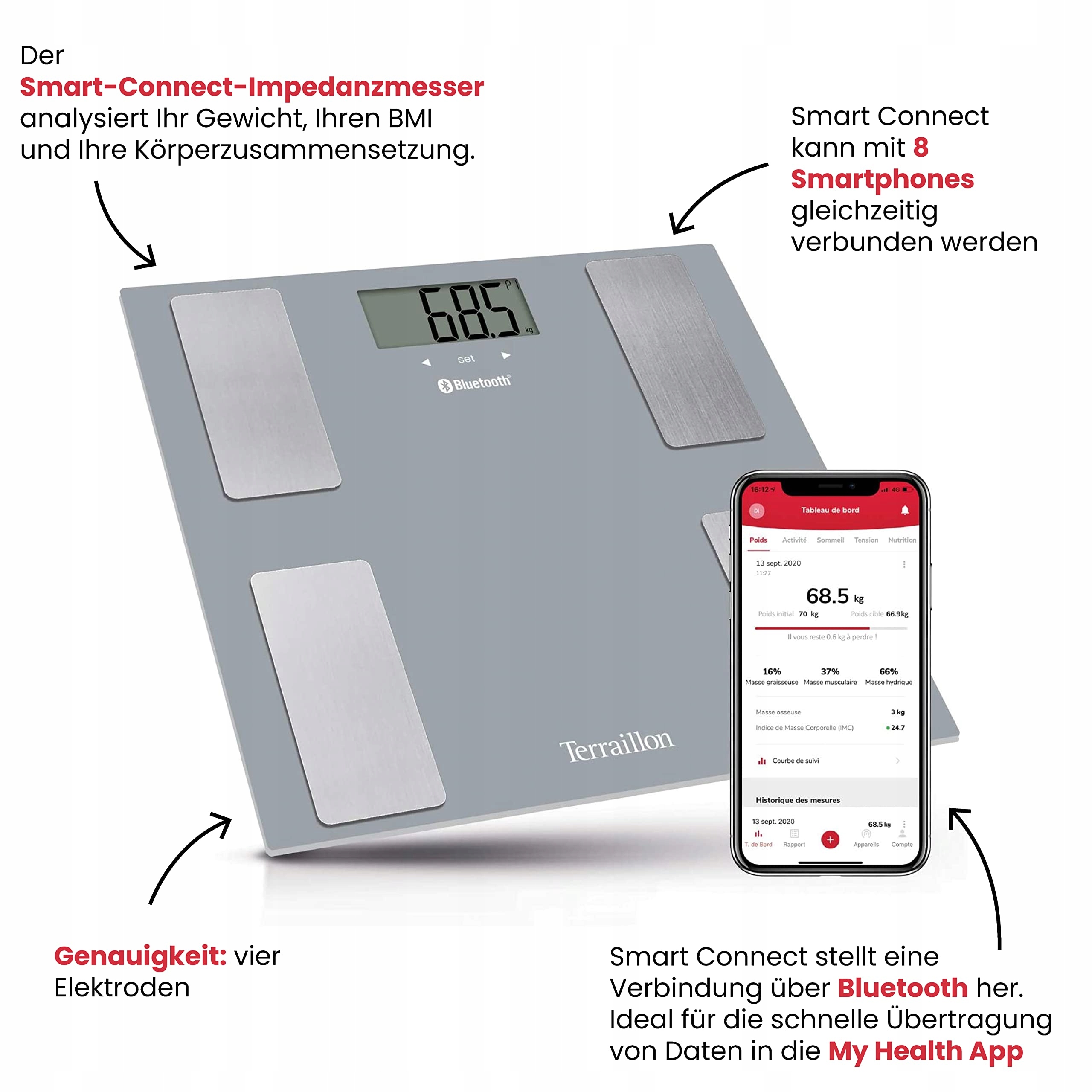 TERRAILLON Waga Bluetooth Analiza Ciała BMI Dla 8 Użytkowników Szara — miniatura 2