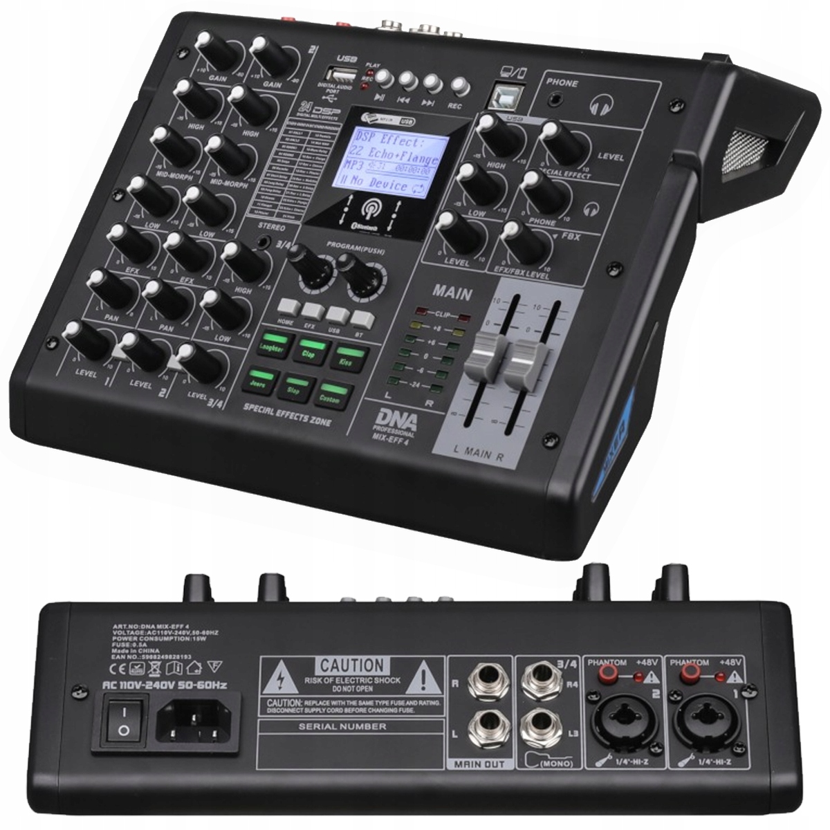 Mikser Audio 4 Kanałowy Dsp Eq Efekty Dźwiękowe Usb MP3 Bluetooth +48V