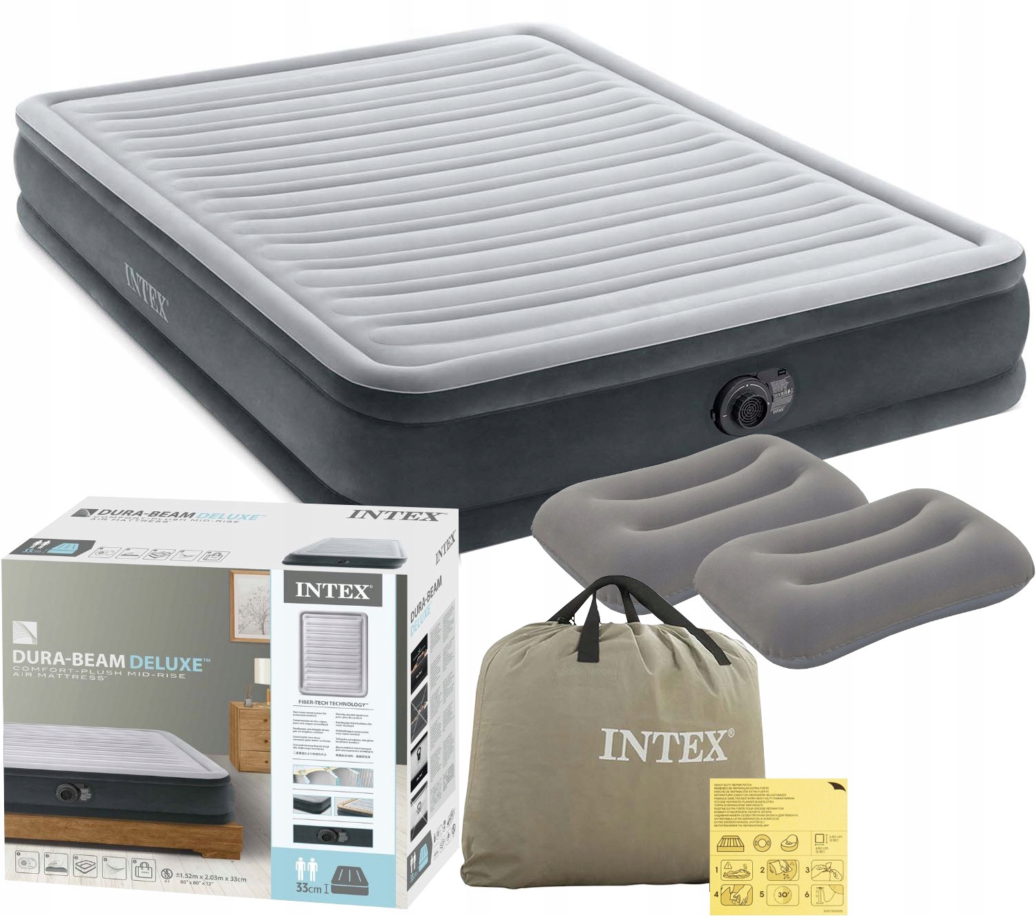 Dmuchany Materac Łóżko 152x203x33cm Intex 67770ND Wbudowana pompka Poduszki