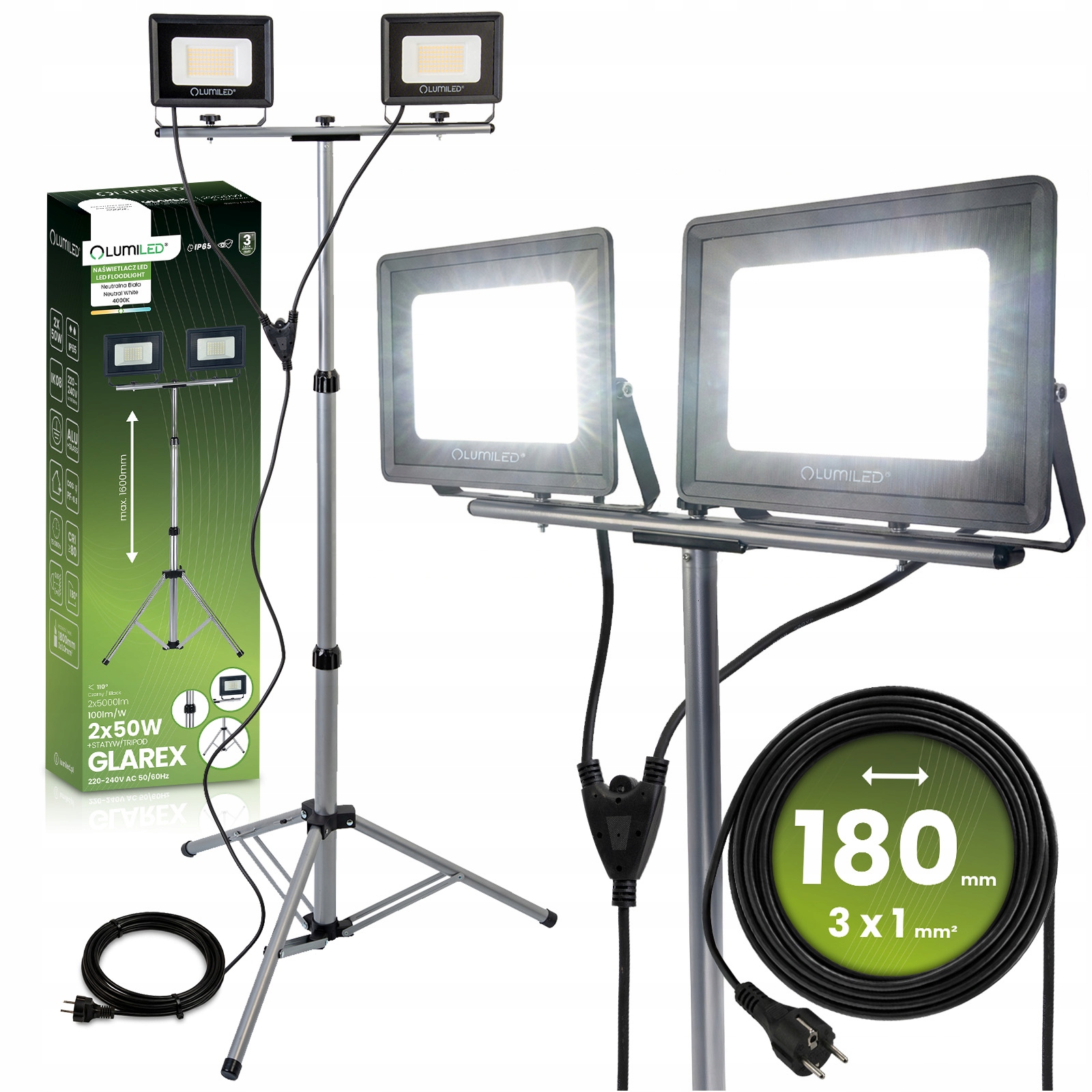 Set Halogen Led zářič Stativ 2x50W Stavební Pracovní Výkonný