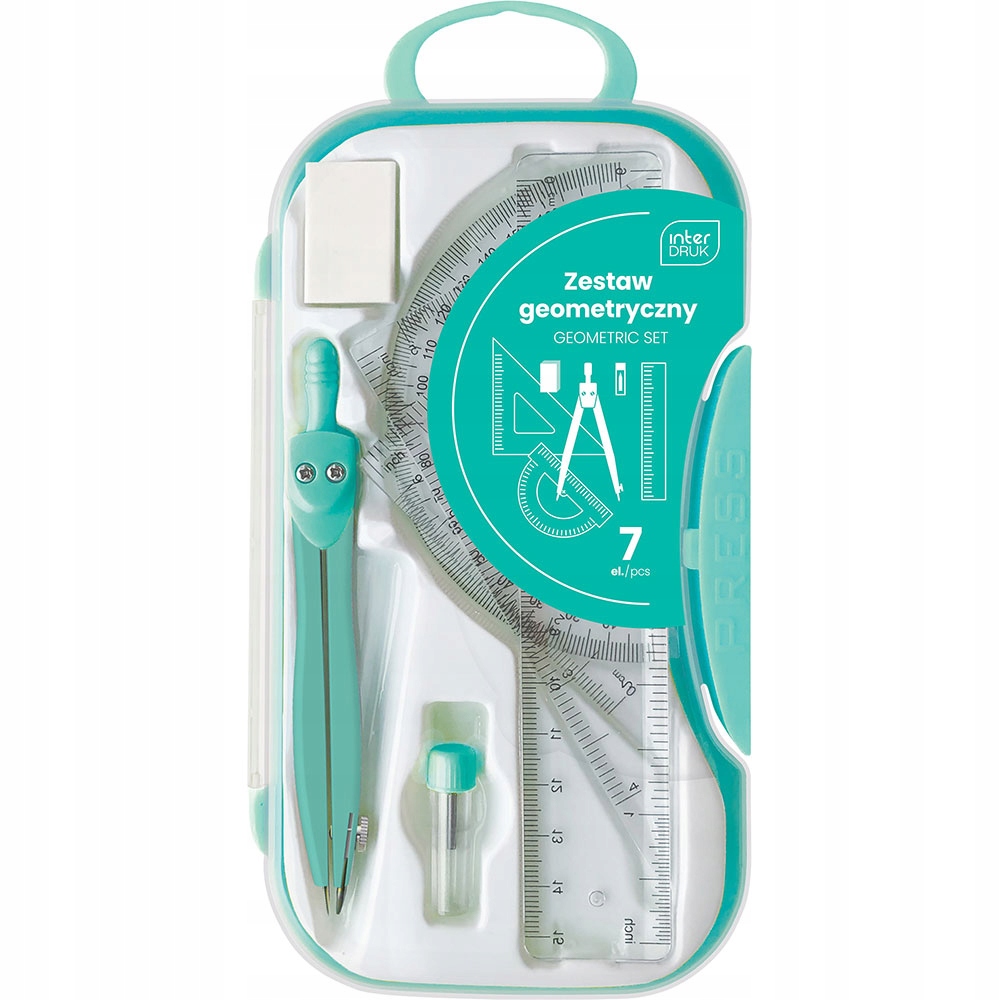 ZESTAW GEOMETRYCZNY 7el. CYRKIEL EKIERKA KĄTOMIERZ