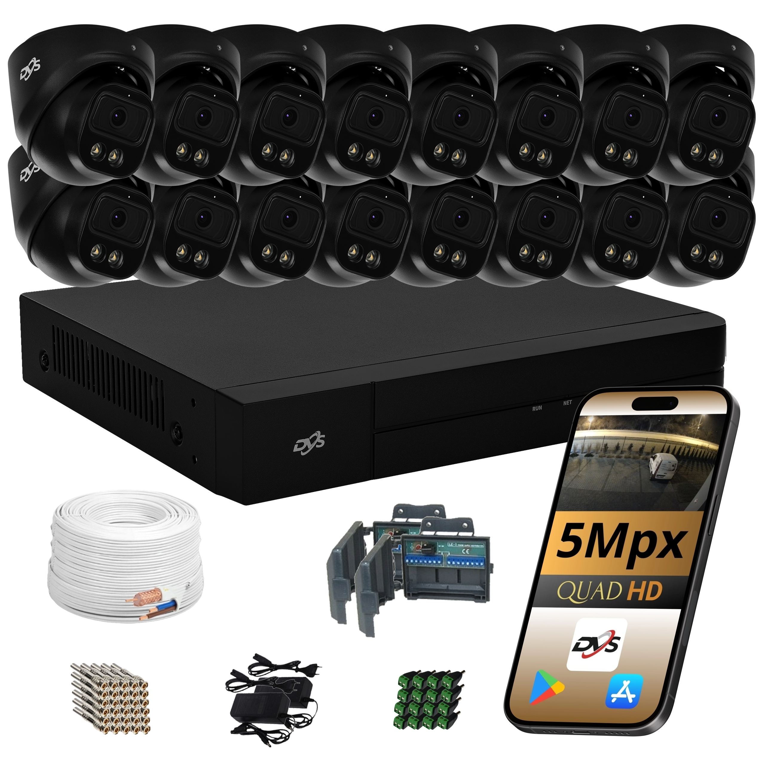 Sada 16 Venkovních Kamer Monitoring Analogová Kamera Černá Kopule 5Mp