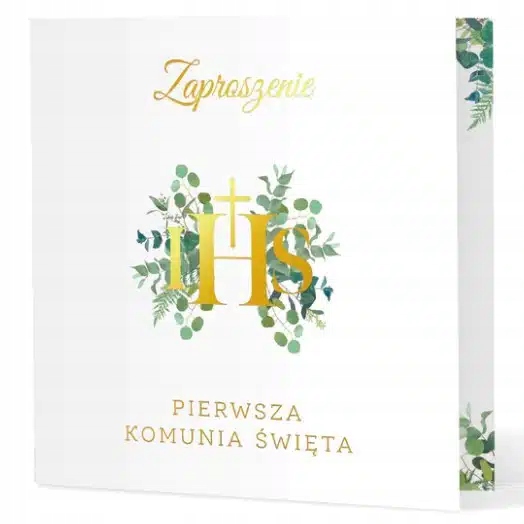 Zaproszenie komunijne z ornamentem ZŁOTE IHS EUKALIPTUS 10 szt. KOMUNIA