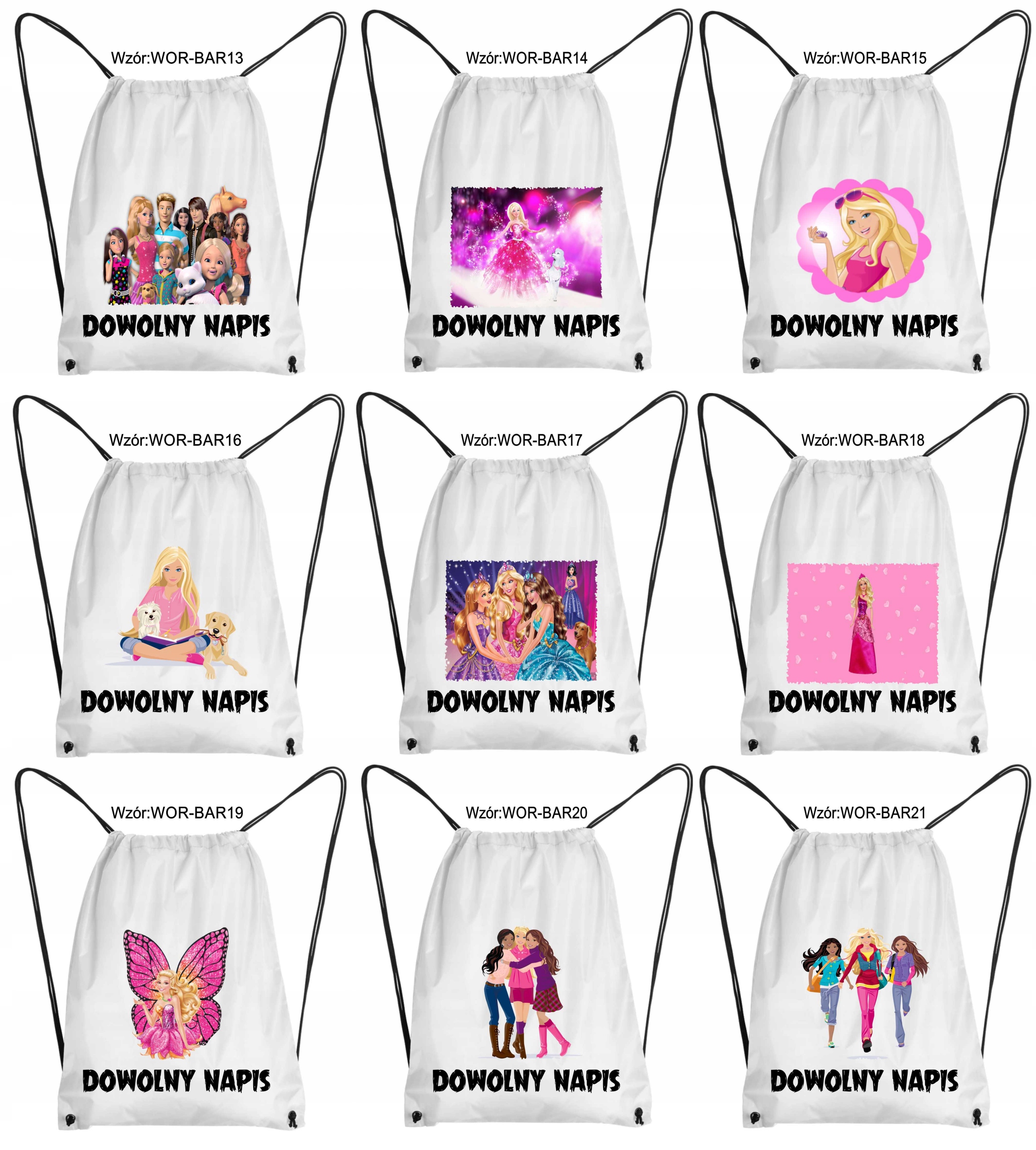 WOREK imię BARBIE strój BUTY WF Kopciuszek z WŁASNYM NAPISEM Kolor biały wielokolorowy