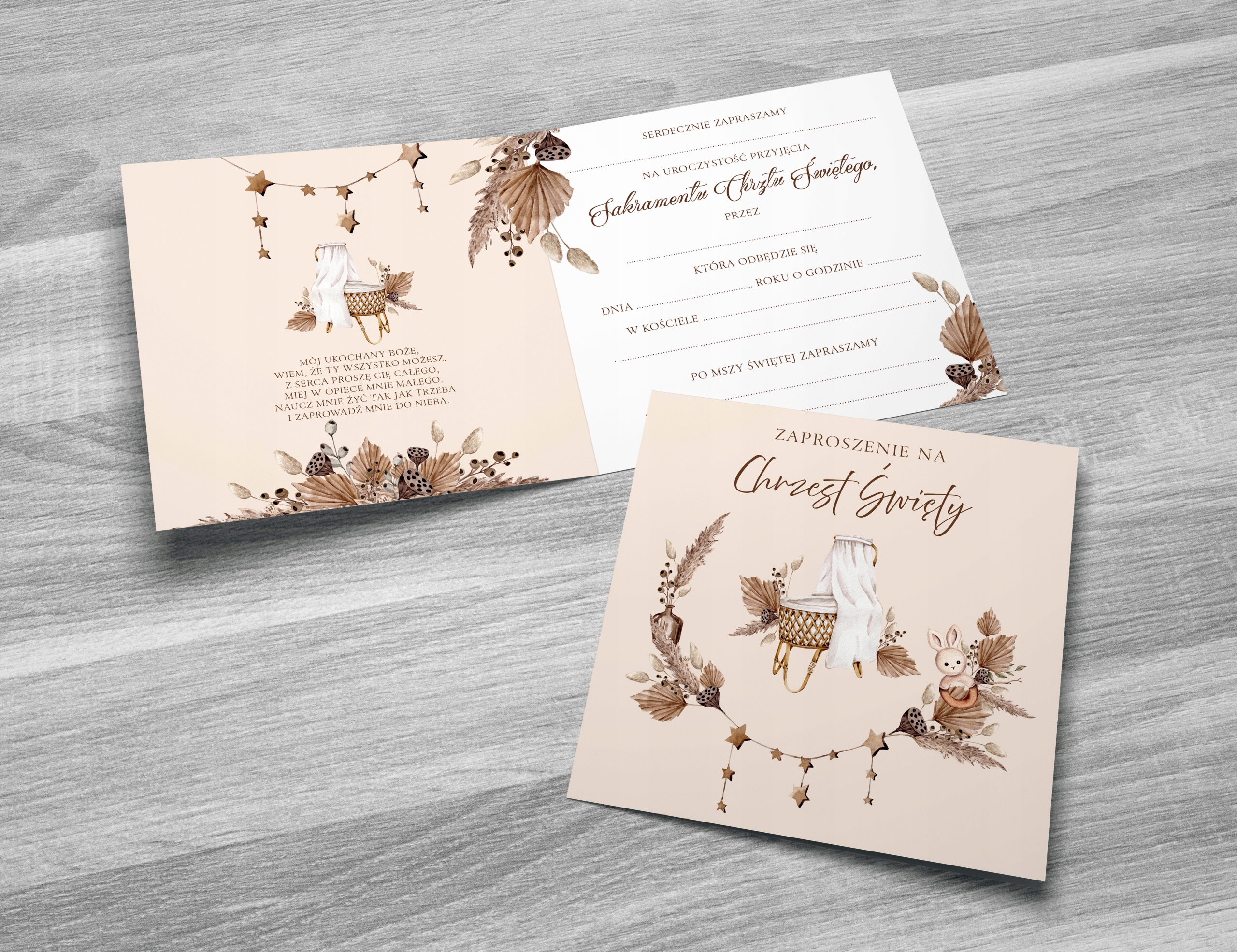 Zaproszenia na Chrzest z Kopertą Gotowe Boho FJ06 Kolor beżowy