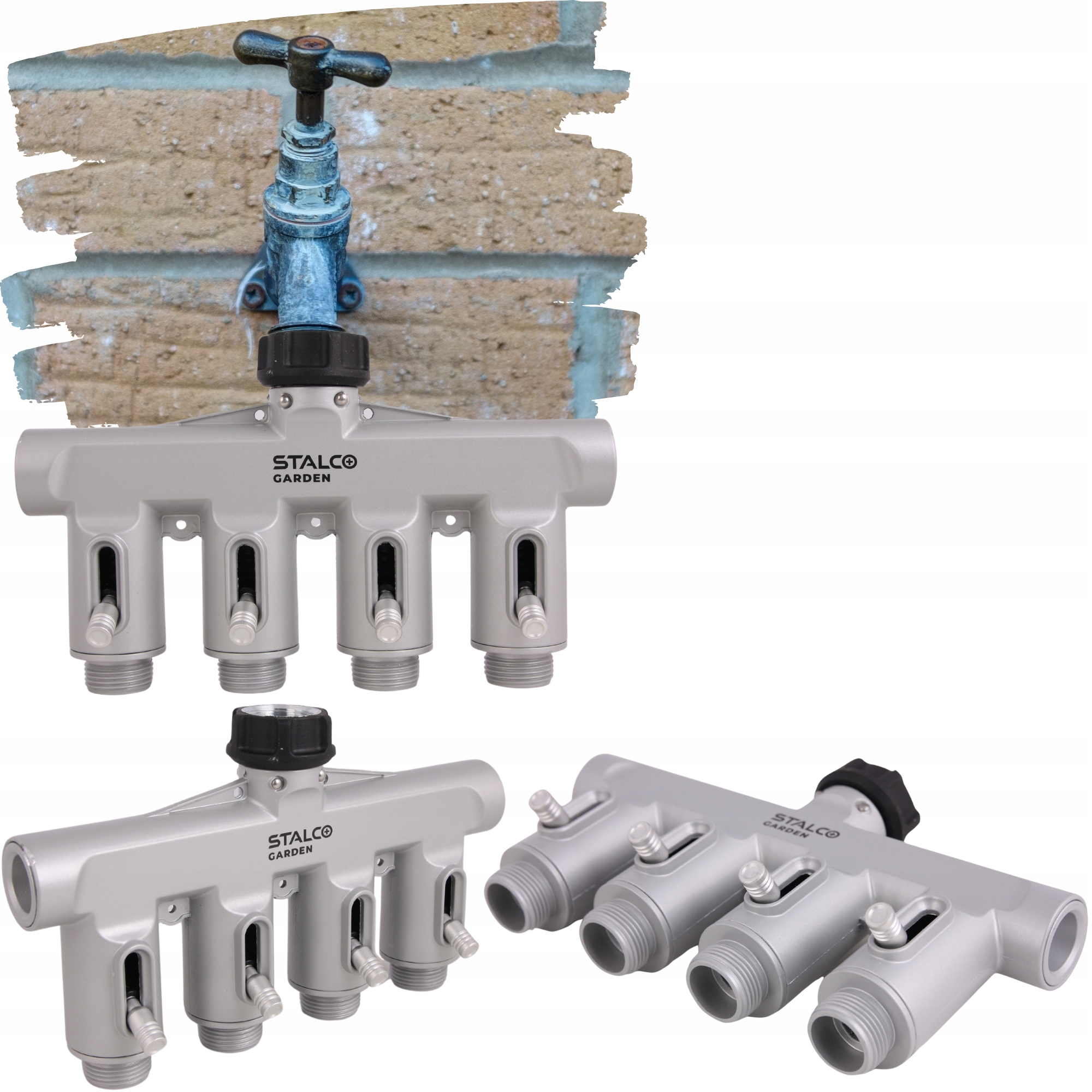 Rozdělovač Vody Na Kohoutek Čtyřnásobný S Ventily Pro Zahradní Hadici Alu 3/4"