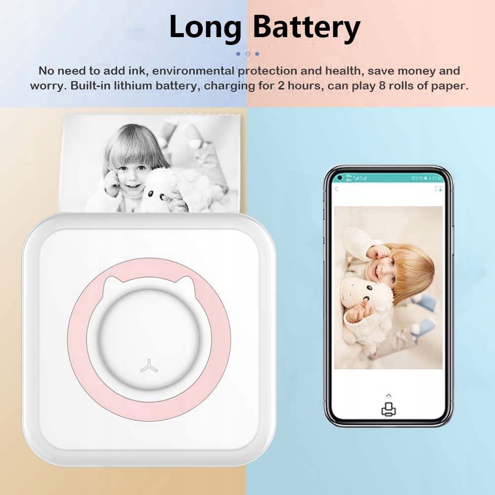 WANGCL Przenośna Drukarka Mini Bezatramentowa Do Zdjęć iOS Android Różowa — miniatura 3