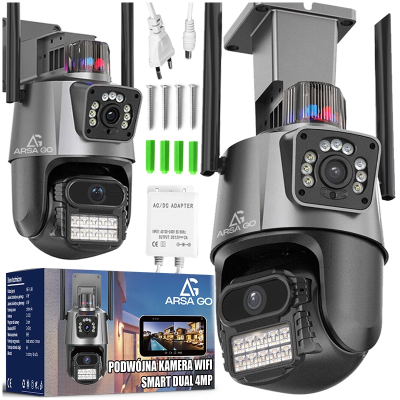 Kamera Zewnętrzna Wifi Obrotowa Ip Podwójna Aplikacja Alarm Detekcja 2x4MP