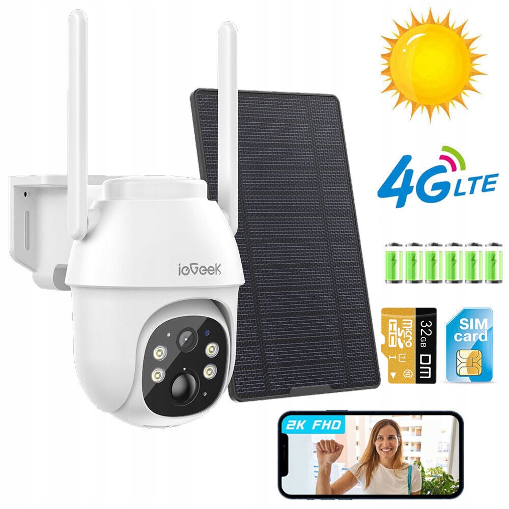 Solární otočná venkovní Ip kamera Gsm 3G/4G Lte Sim 2K 3MP 4x Zoom 32GB