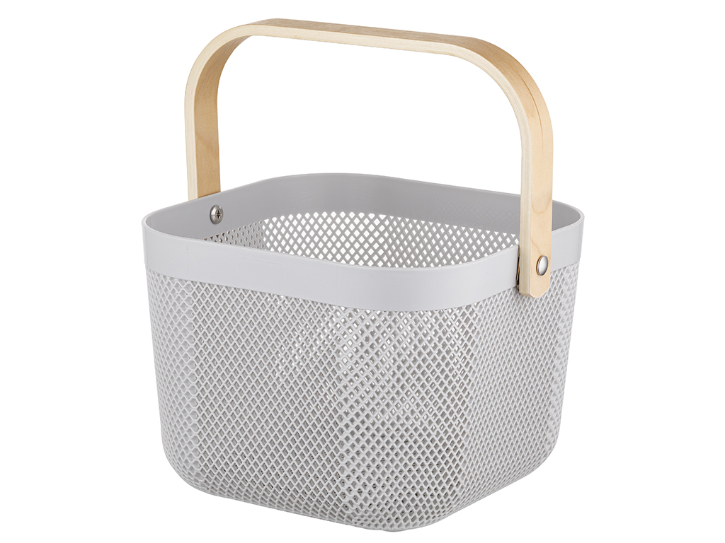 KOSZYK ORGANIZER Z DREWNIANĄ RĄCZKĄ SZARY 23,5X23,5X18CM