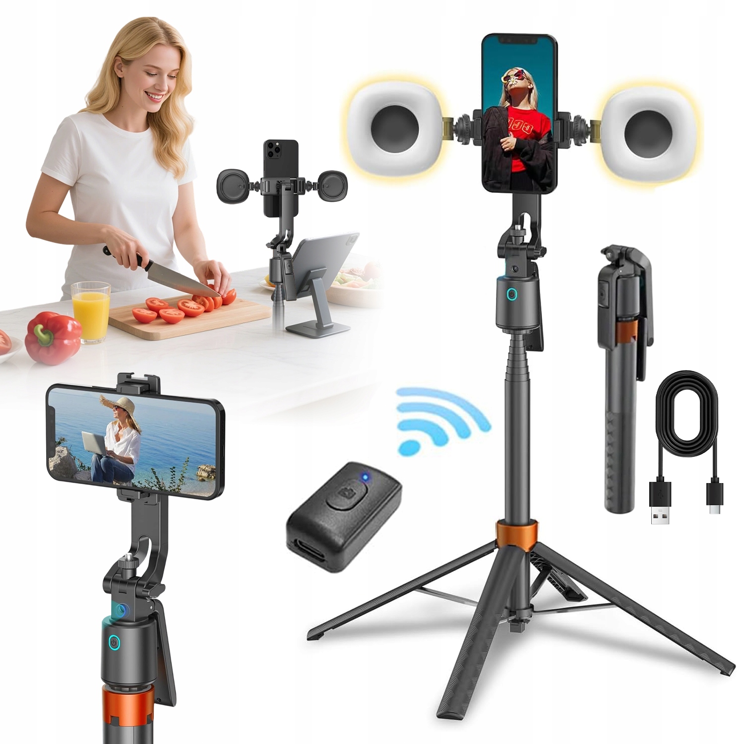Selfie Stativ S Kamerou Sledování Obličeje Led Osvětlení 360°