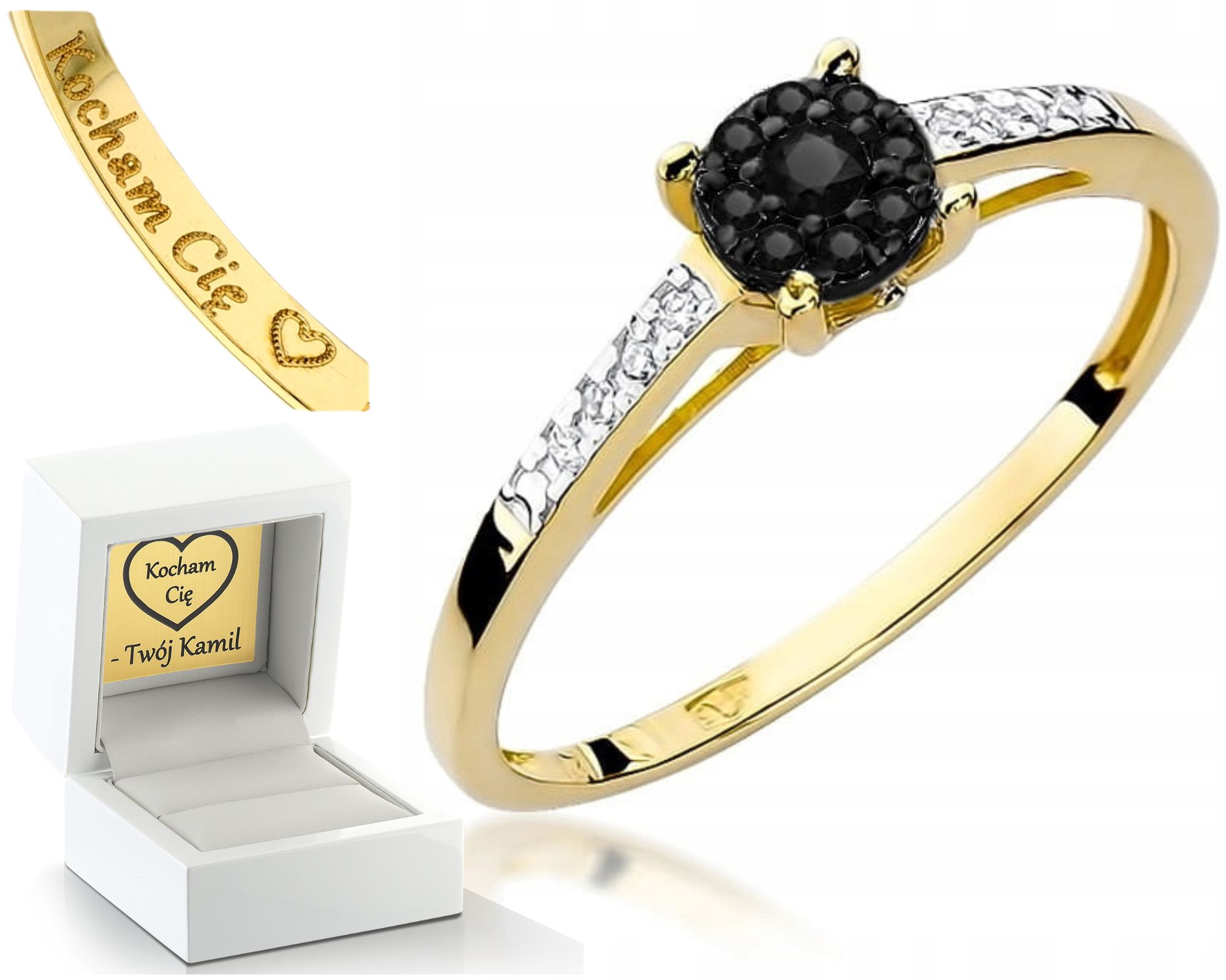 Zlatý Prstýnek Pro Zásnuby, Černý Briliant A Diamanty, Žluté Zlato 585