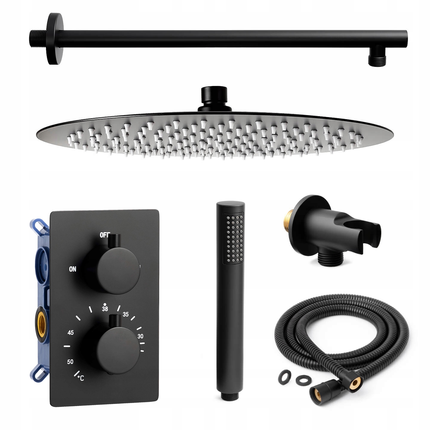 Čierny podomietkový set s termostatom a sprchovou sprchou 30 cm Sannit