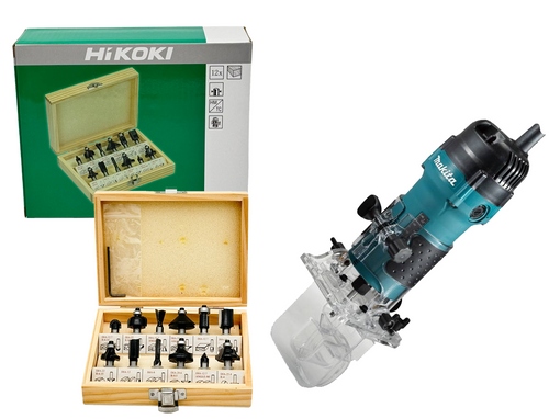 Makita Frezarka jednoręczna krawędziowa 6mm Frezy 12 szt 530W 0-42mm 3712