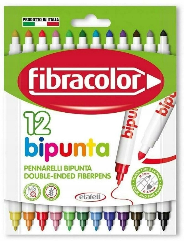 FLAMASTRY DWUSTRONNE BIPUNTA 12 KOLORÓW FIBRACOLOR
