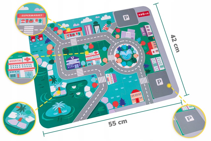 DREWNIANE KLOCKI + MATA PUZZLE MIASTO AUTA POLICJA BANK STRAŻ HELIKOPTER ++ Liczba elementów 136 szt.