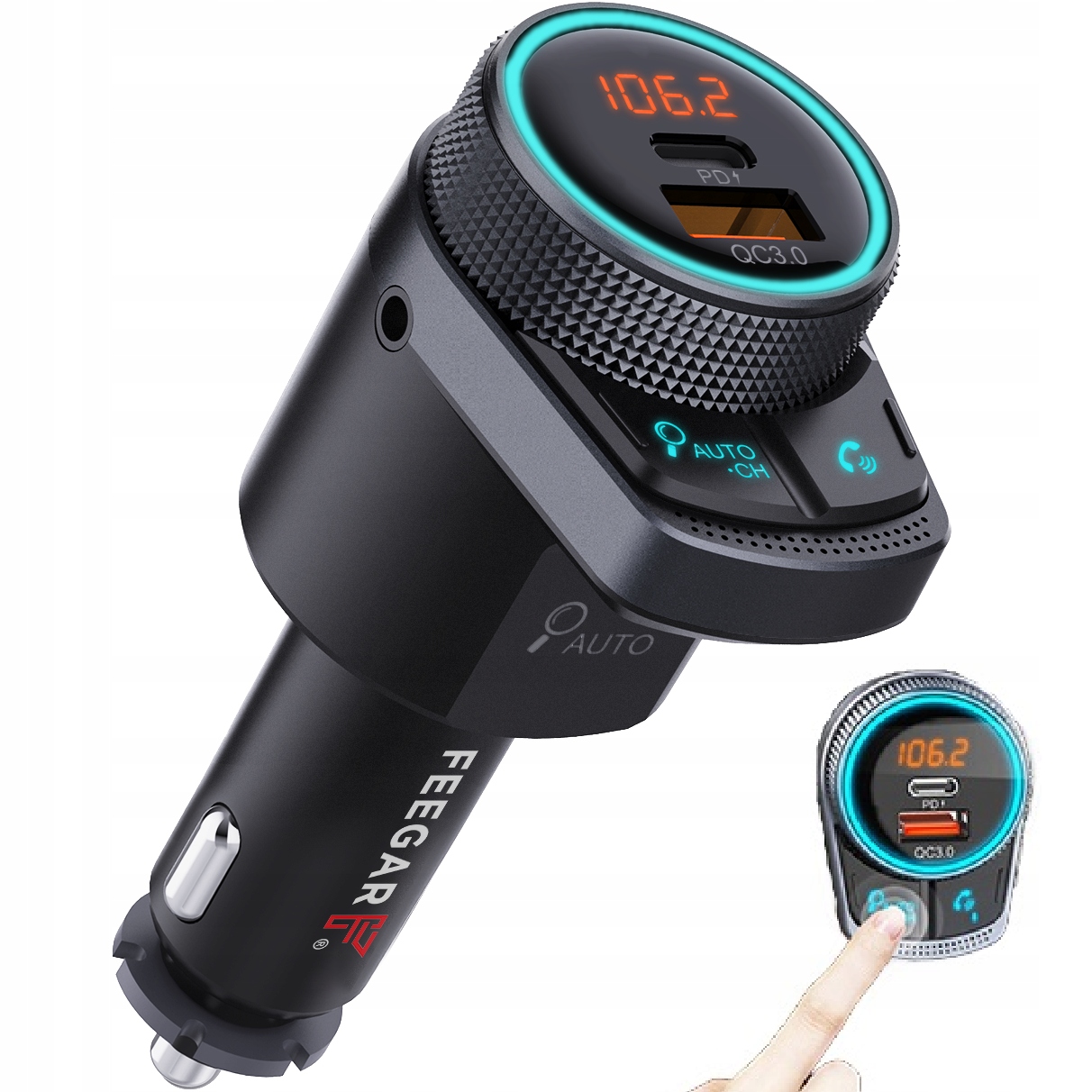 Feegar Q300 Pro vysílač, stereo Fm, Bluetooth, Qc 3.0, Pd, 38W, Aux, automatické vyhledávání
