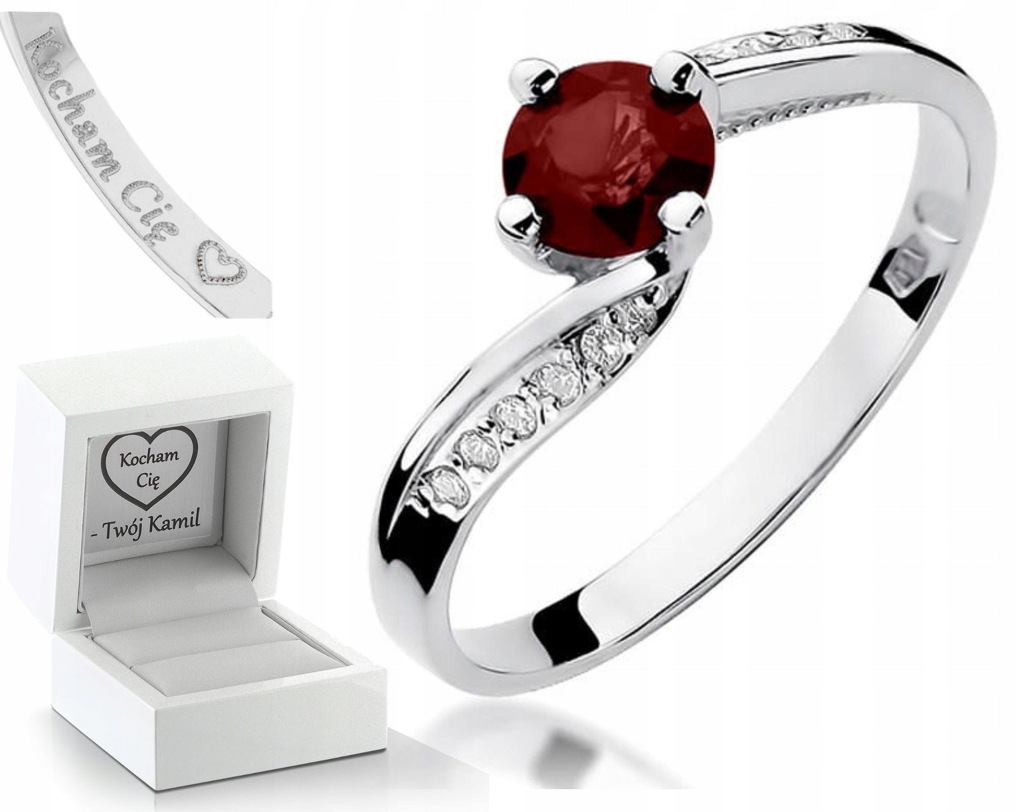 Bílý Zlatý Prstýnek S Rubínem A Diamanty Gravírování