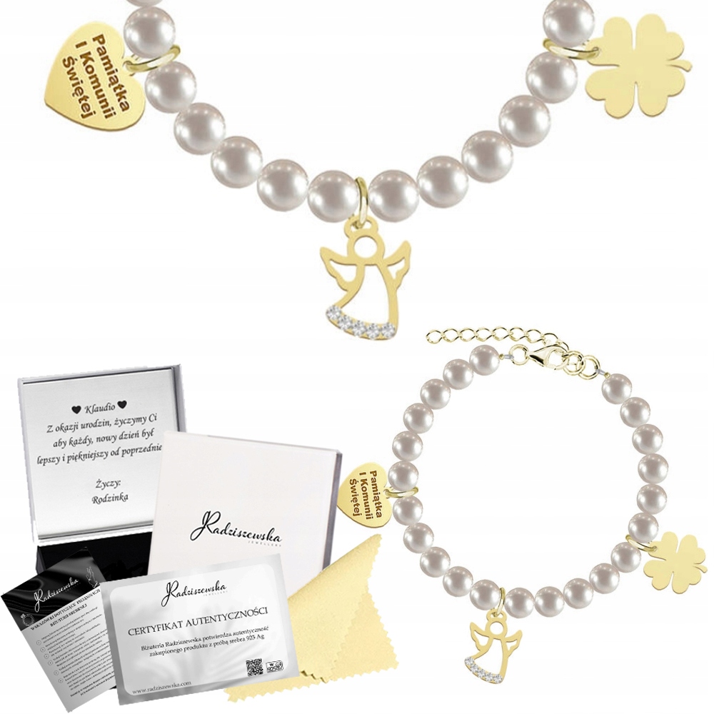 Zlatý Náramek Z Perel Andílek Jetel Srdce S Gravírováním Dárek 925