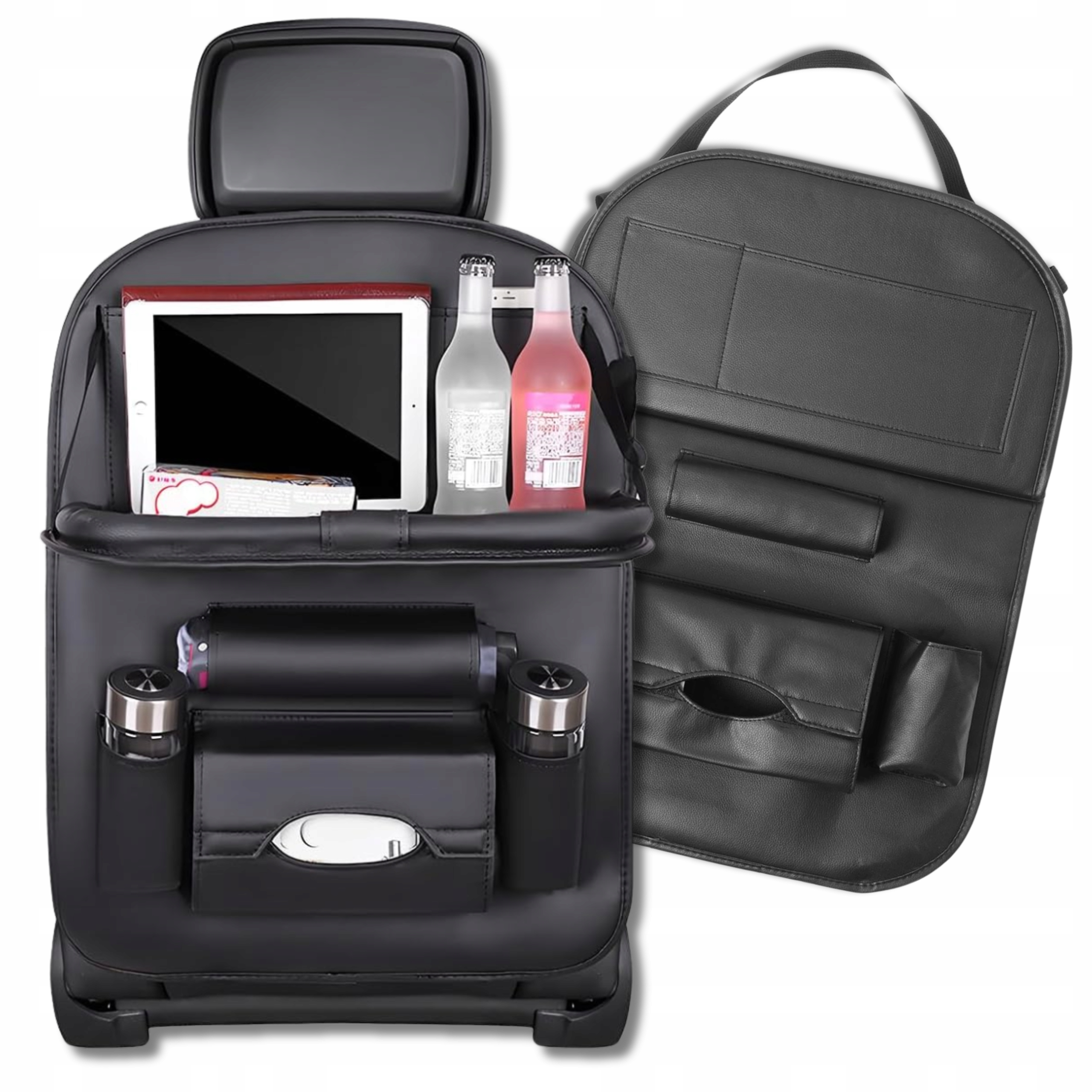 Organizer na oparcie do auta z kieszeniami uchwytami na kubek i stolikiem