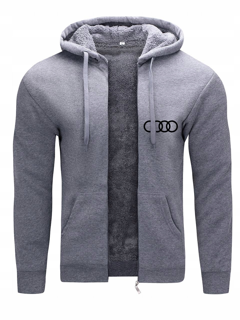 Teplá Mikina Pánská Zateplená S Kapucí A Kožešinou Audi Šedá XXL