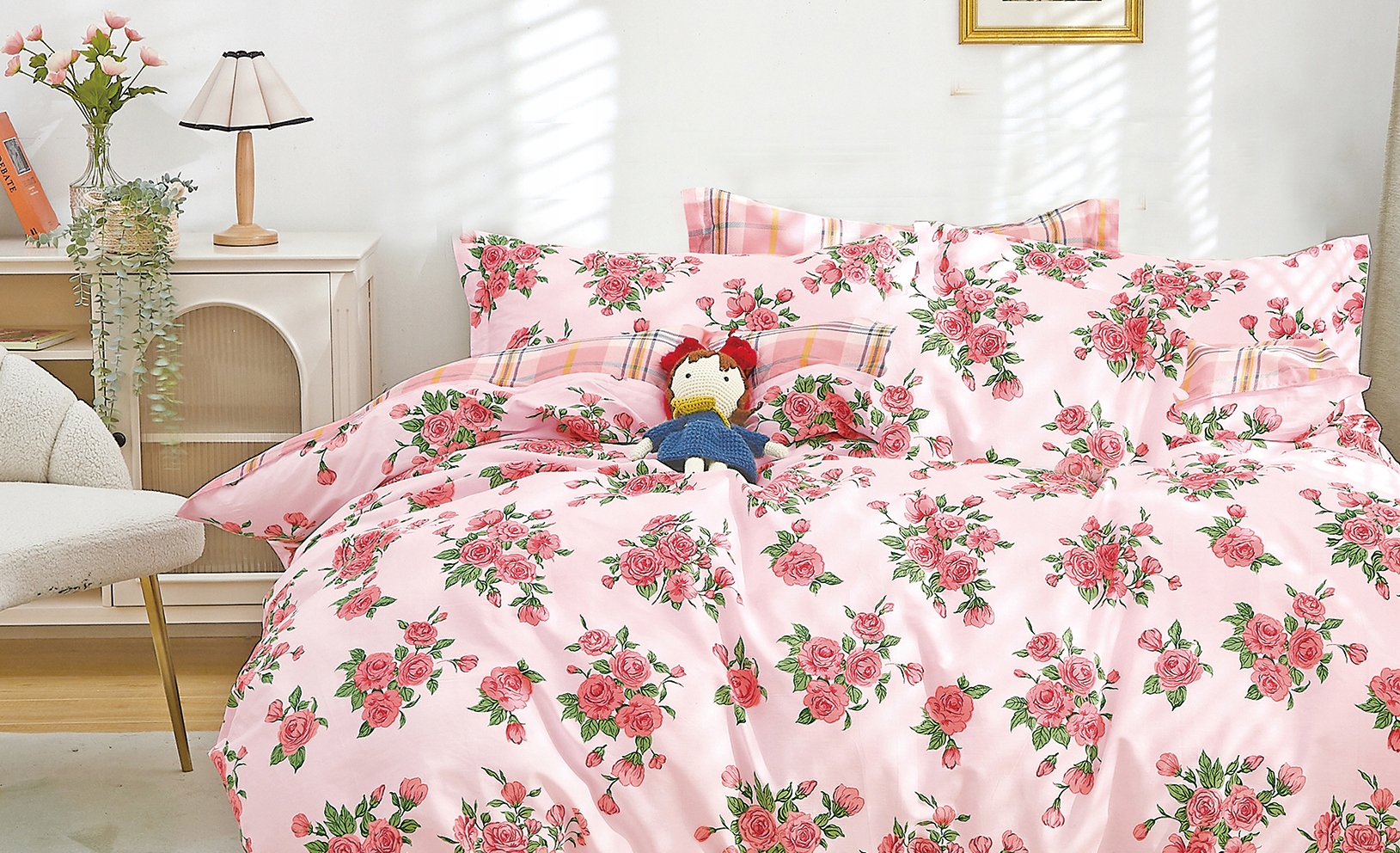 3dílná sada povlečení na peřinu s růžovým květinovým motivem, růžový podklad, 160×200 cm