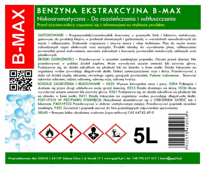 Benzyna ekstrakcyjna bezwonna B-MAX 5L Pojemność opakowania 5000 ml