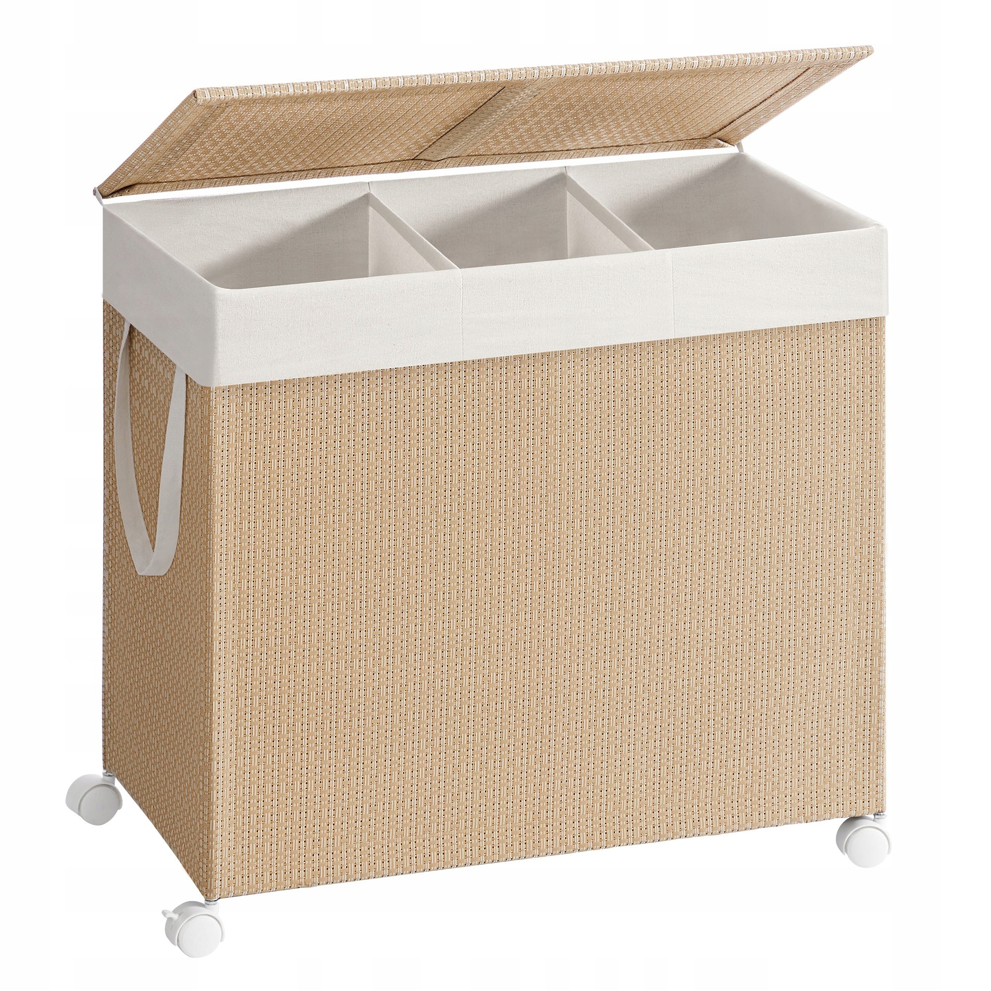 Béžový mobilní koš na prádlo 3 x 45 l 140 l se 3 přihrádkami Rattanové víko