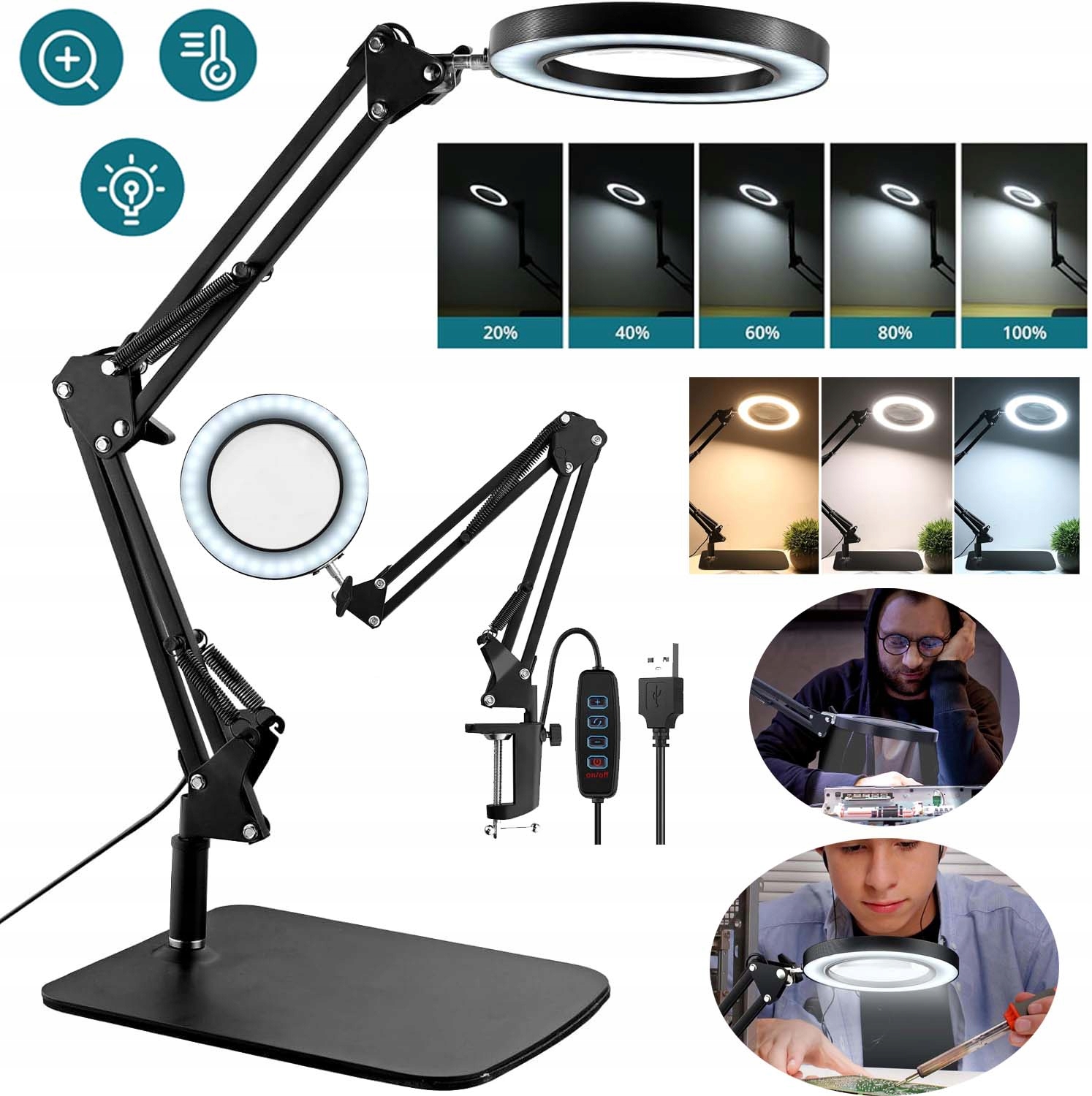 Lampička Na Stůl 3 Barvy Led Kosmetická Lampa Stmívač Lupa 8X Sklo