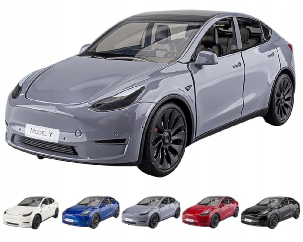 METALOWY MODEL TESLA Y NAPĘD ŚWIATŁA LED DŹWIĘK OTWIERANE DRZWI MASKA 1:24 Skala 1:24