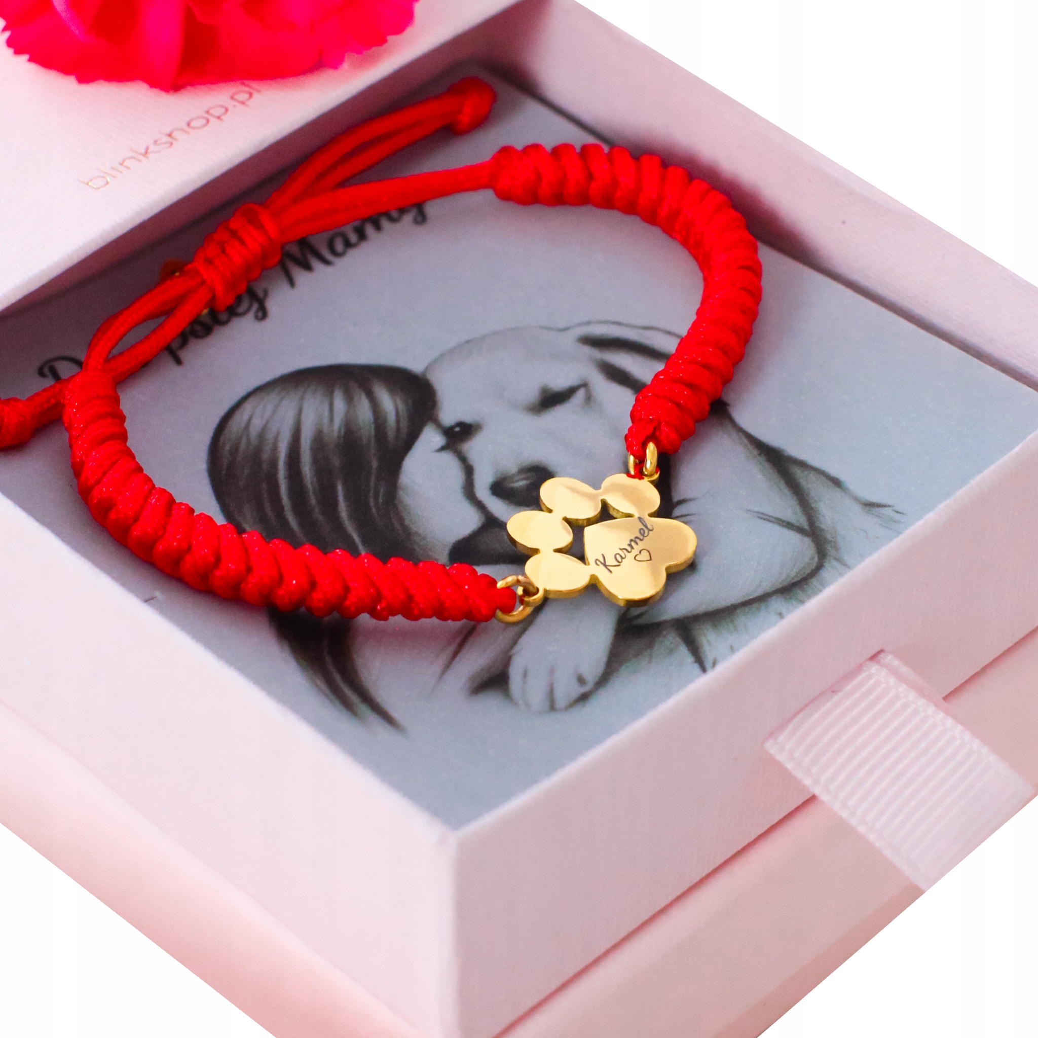 Bransoletka z grawerem stal chirurgiczna psia łapka imię na sznurku