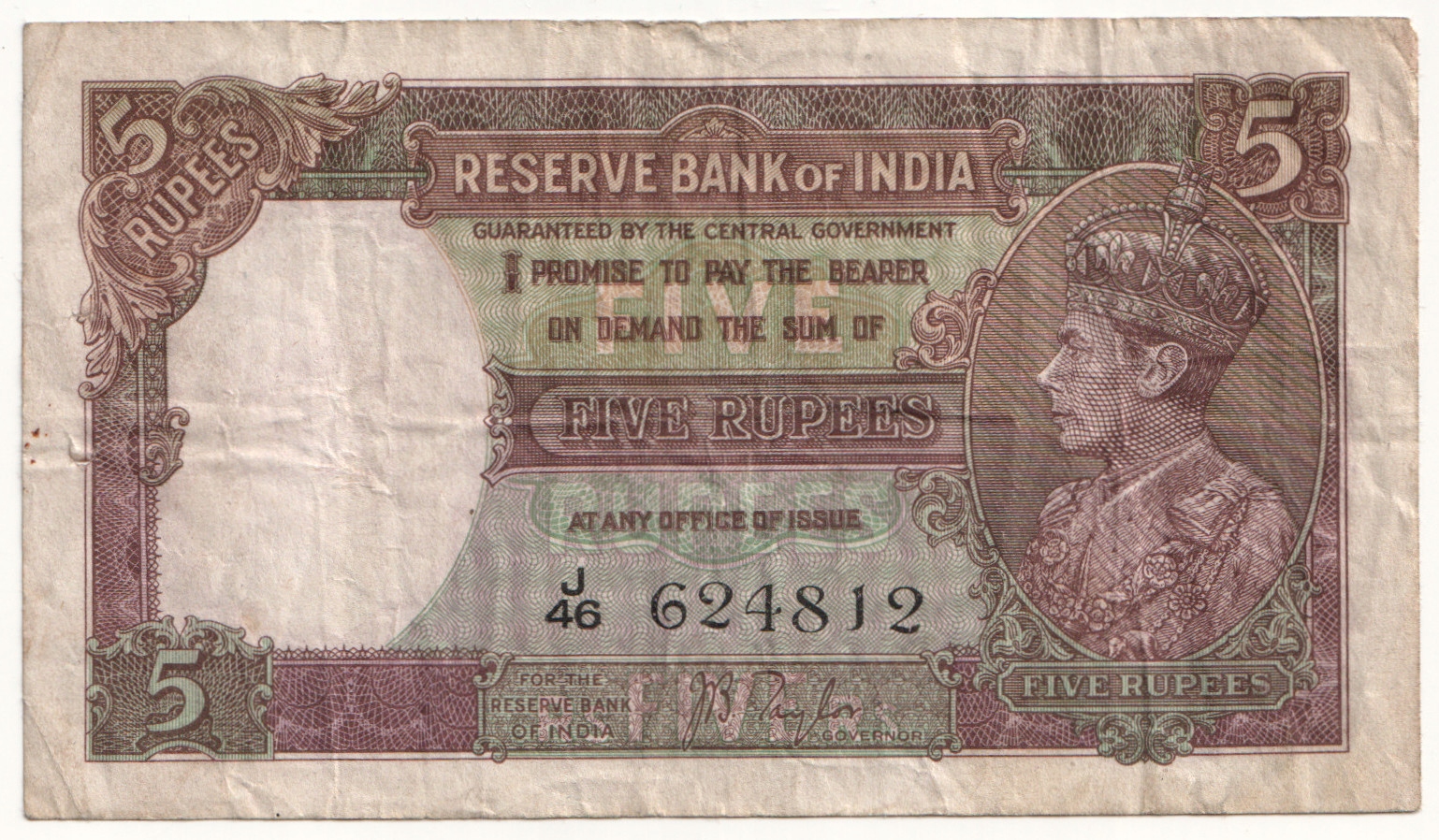 17.Indie, 5 Rupii 1937 rzadki, P.18.a, St.3+